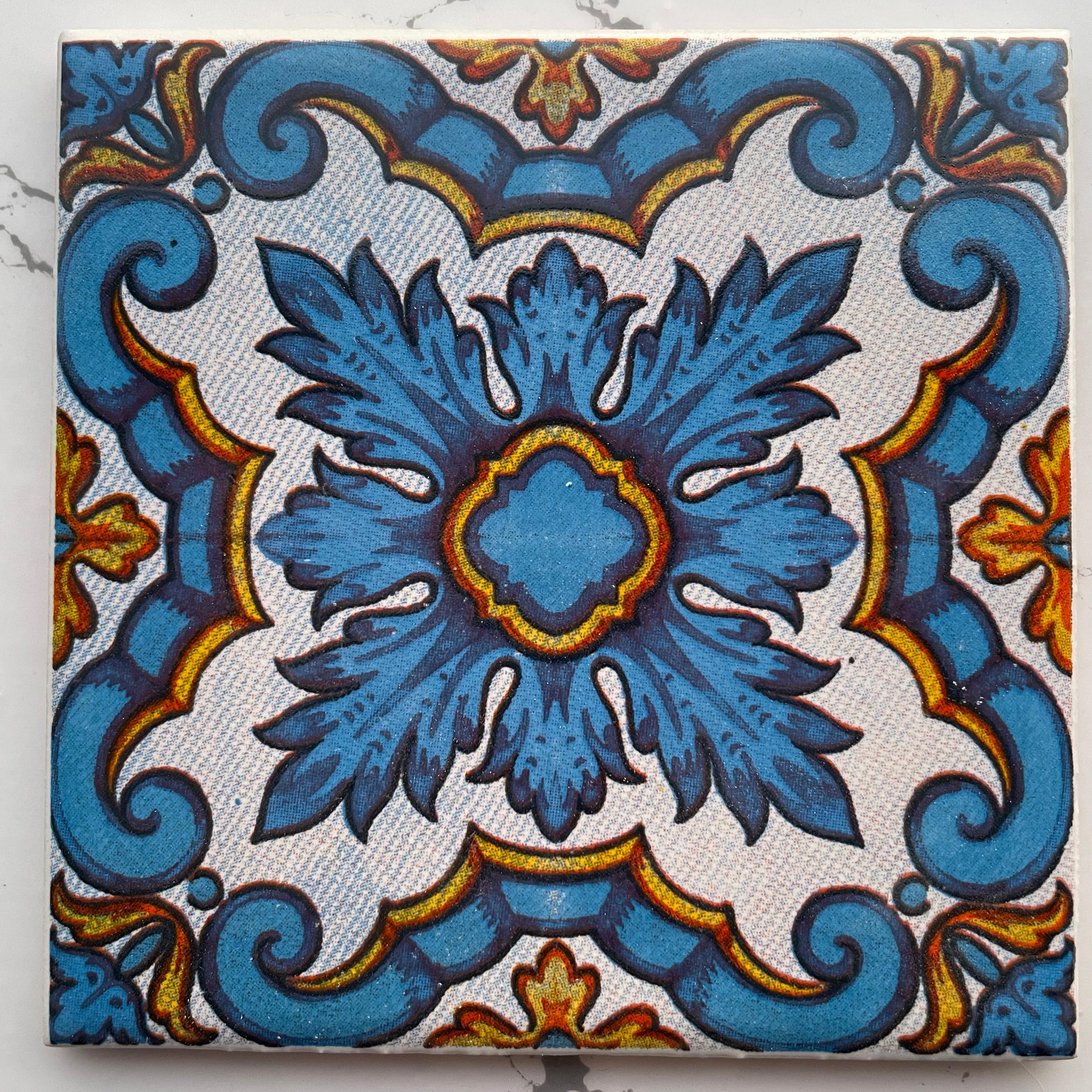 Hand-Printed Mexican Tile Designs - Handcrafted Backsplash Tile with Geometric and Floral Pattern -  3.7in[10cm]