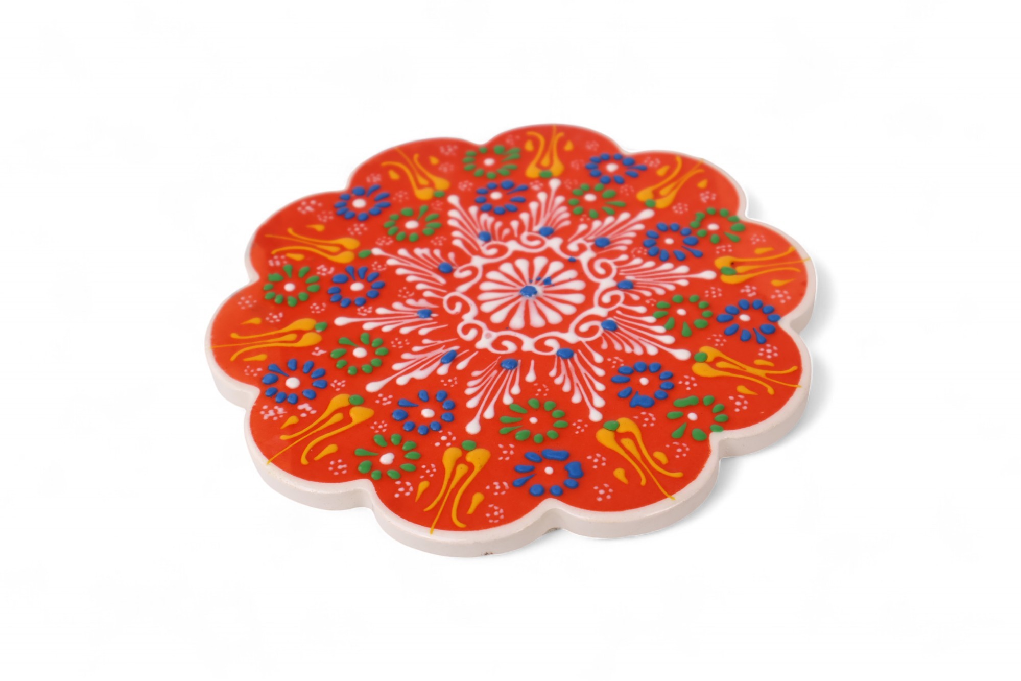 Handcrafted Ceramic Relief Trivet - Embossed Floral Patterns (Variety of Colors) - Orange