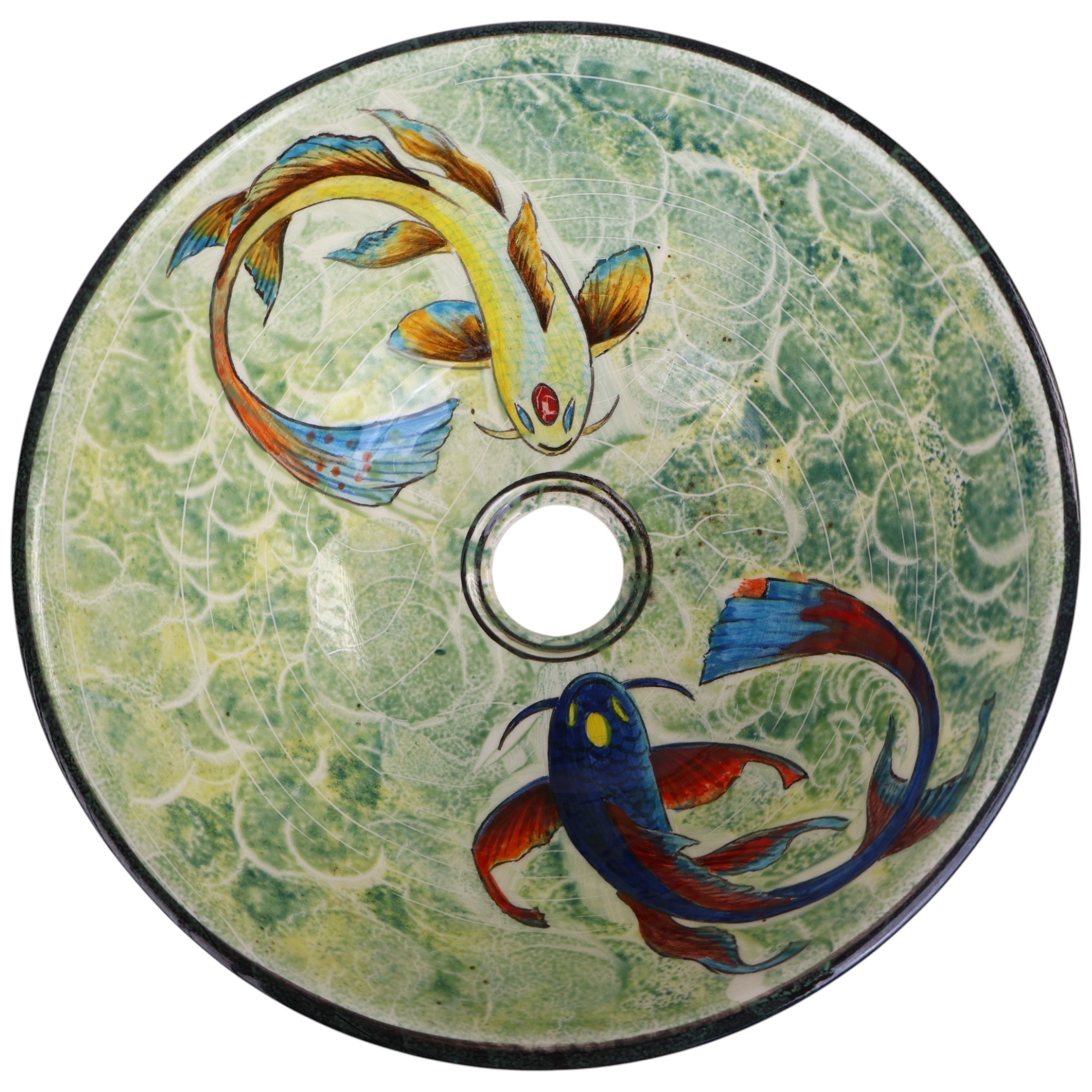 Handmade Japanese Koi Fish Ceramic Sink – Unique Luxury Bathroom Decor with Vibrant Green Artistic Design