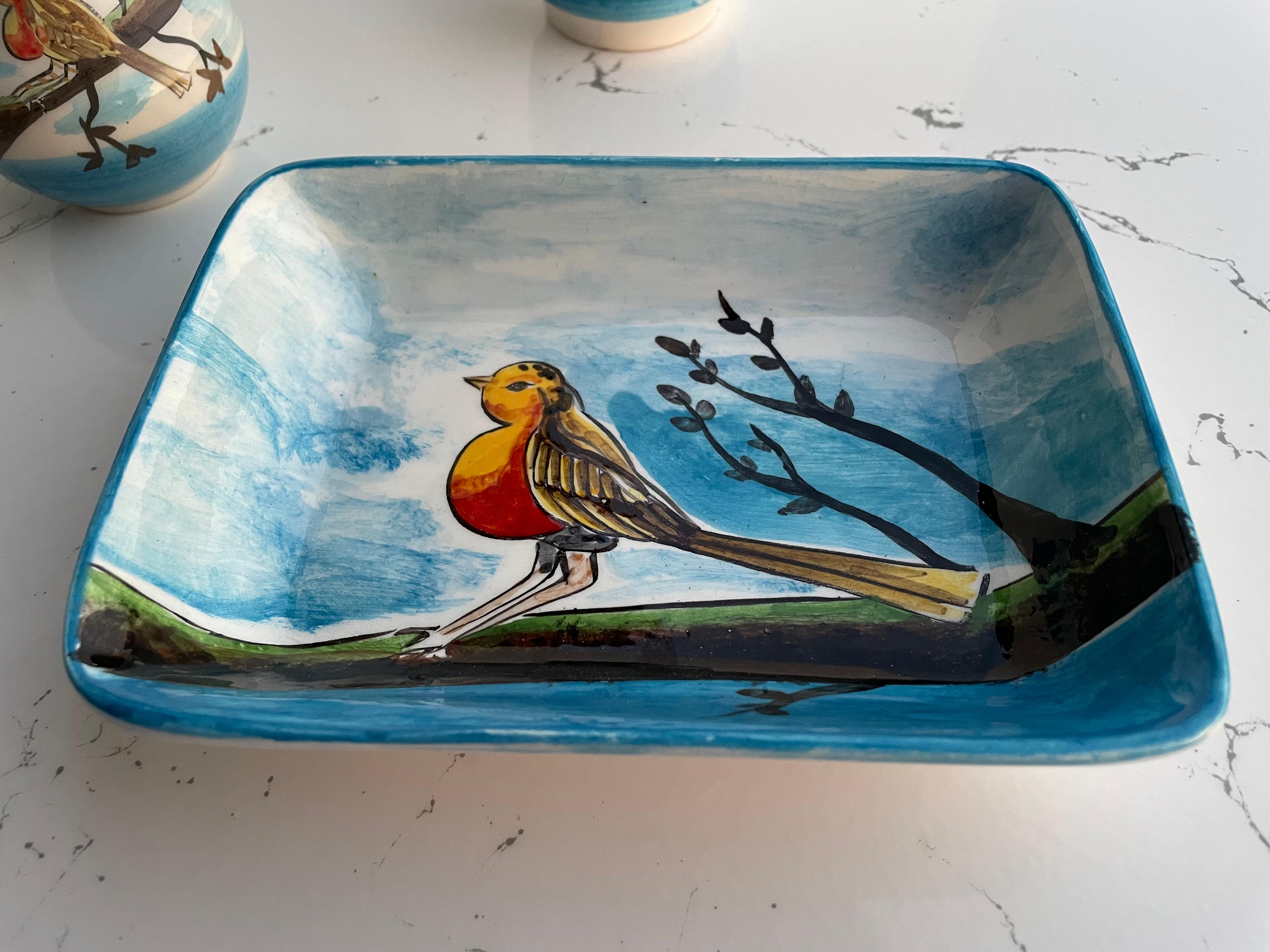 Hand Painted Ceramic Bathroom Accessory Set - Birds