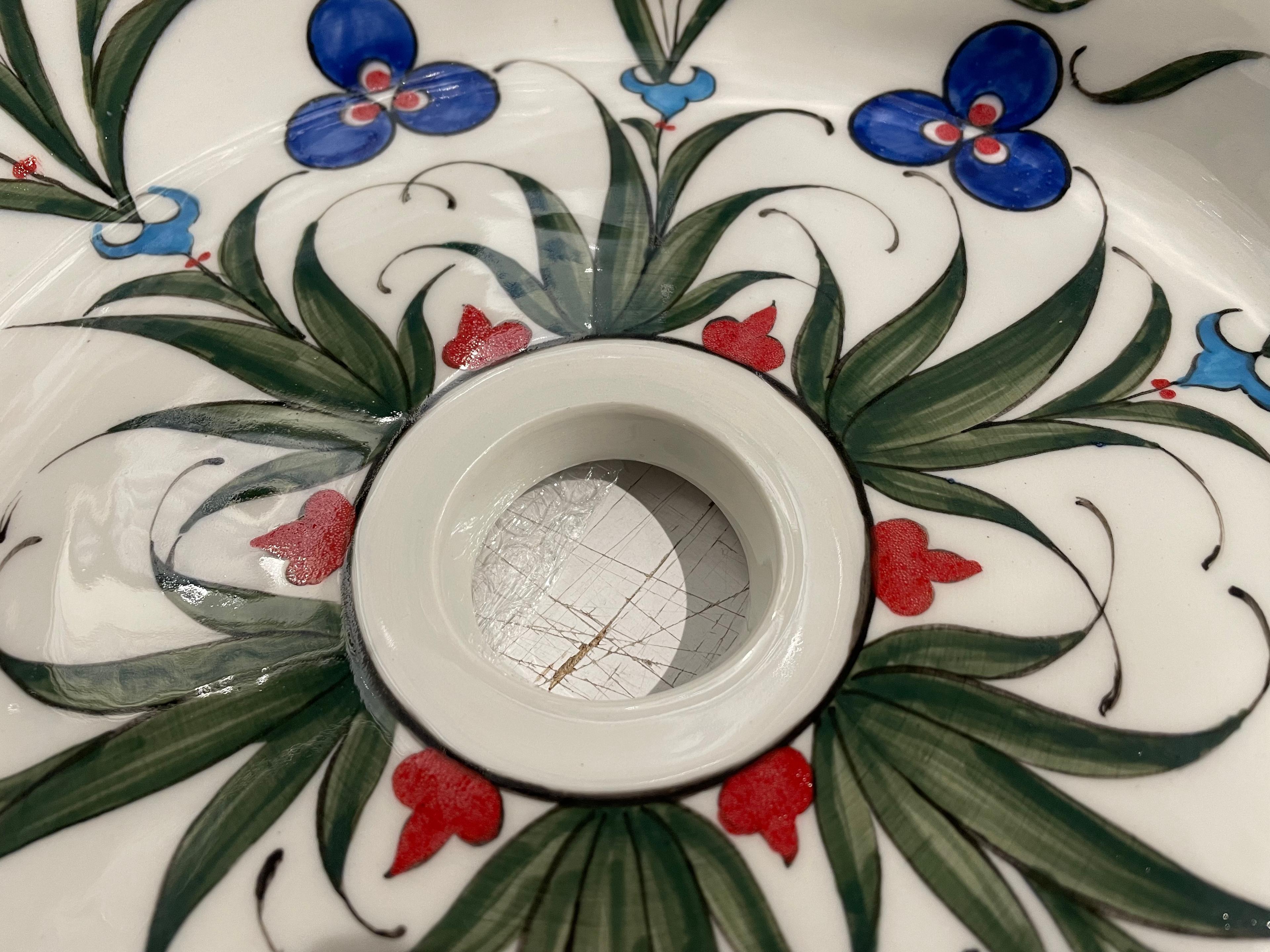 Hand Painted Bathroom Vanity Top Ceramic Vessel Sink | Drop-in Sink with Flowers Pattern - Tomris