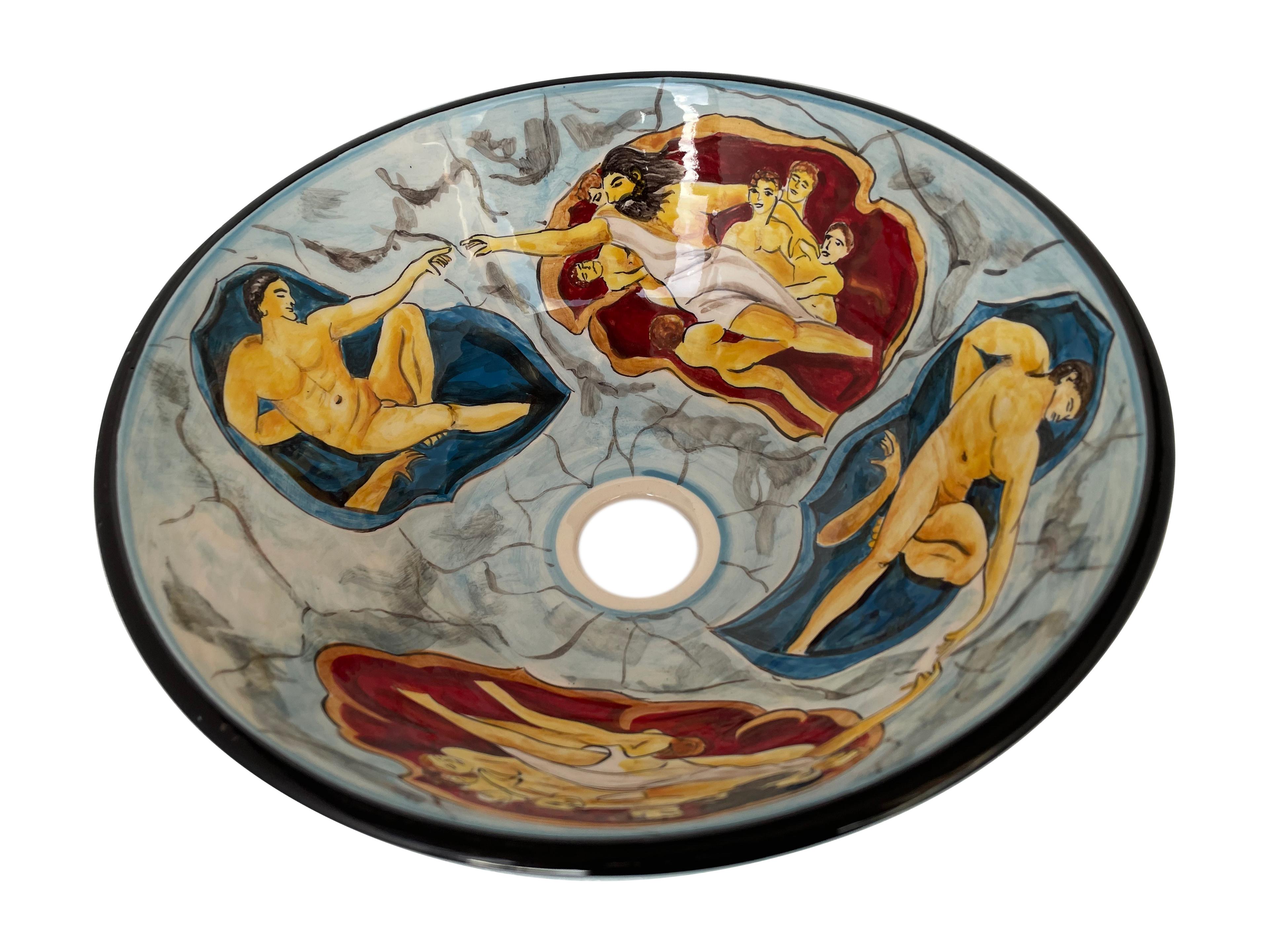 Hand Painted Bathroom Ceramic Vessel Sink Countertop - Michelangelo’s Creation of Adam