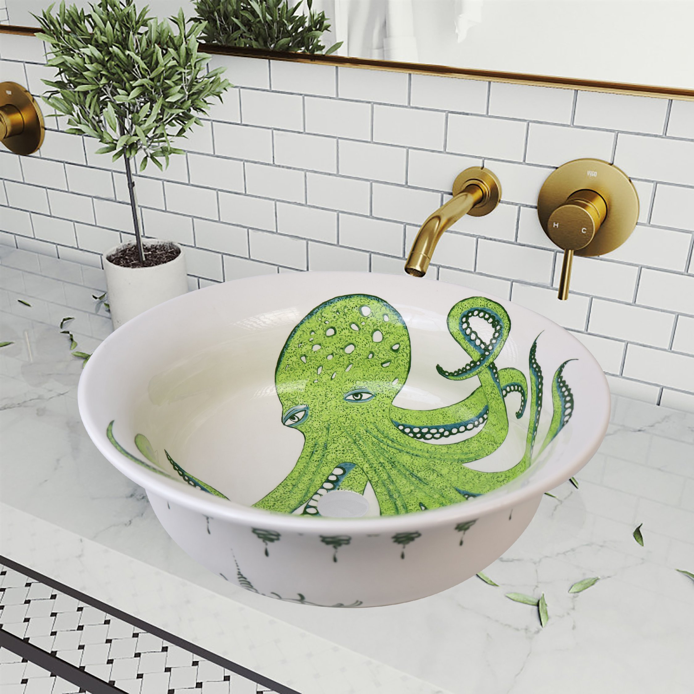 Mediterranean Green Octopus Ceramic Sink - Handmade and Unique