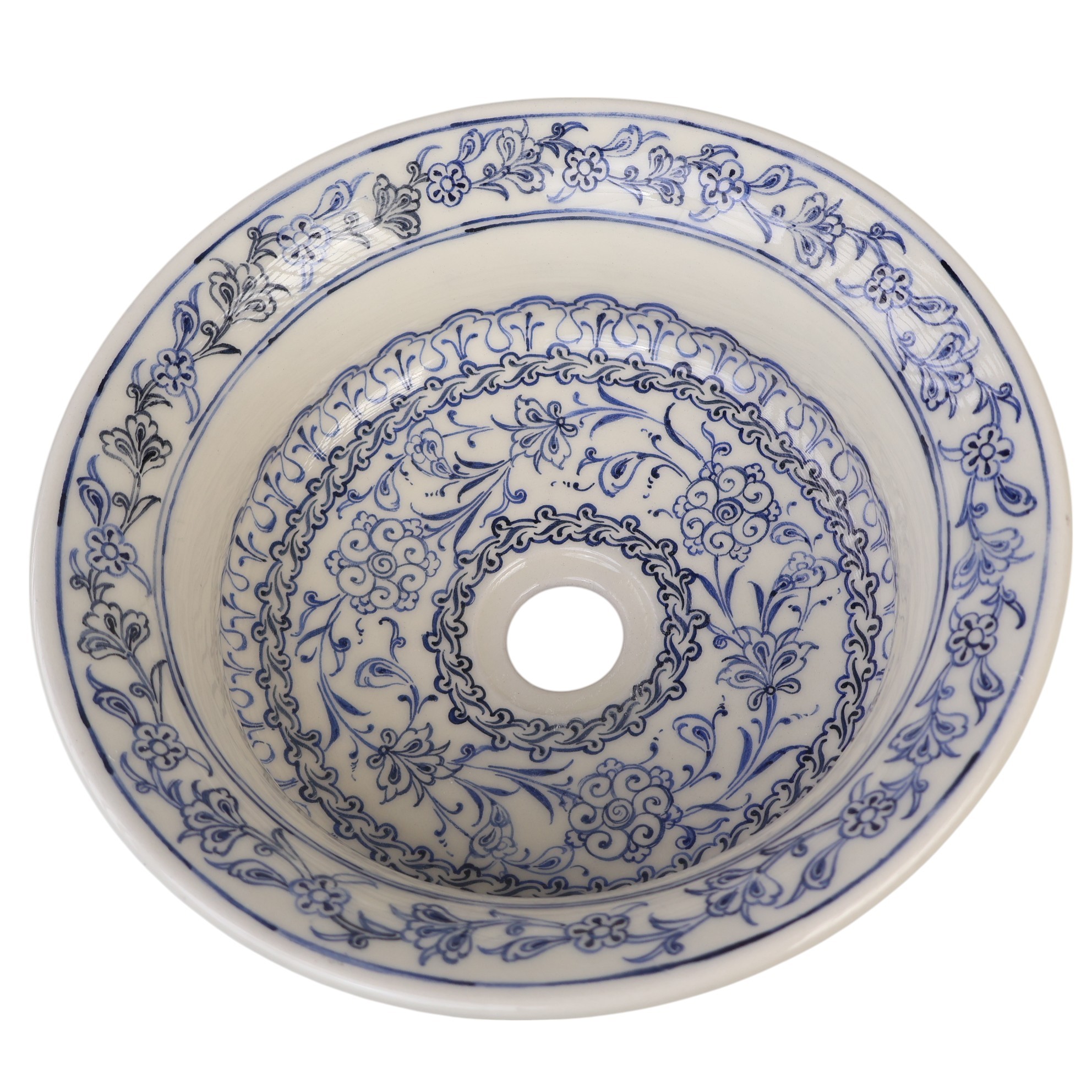 Ottoman-Inspired Floral Ceramic Sink – Handcrafted Blue & Ivory Bathroom Basin – Zeem Ceramic