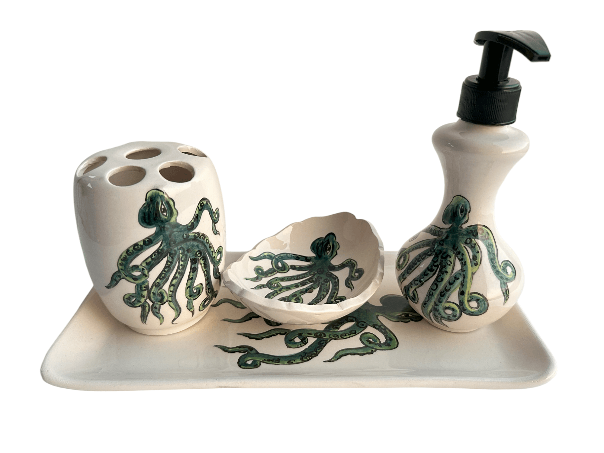 Hand Painted Ceramic Bathroom Accessory Set - Octopus