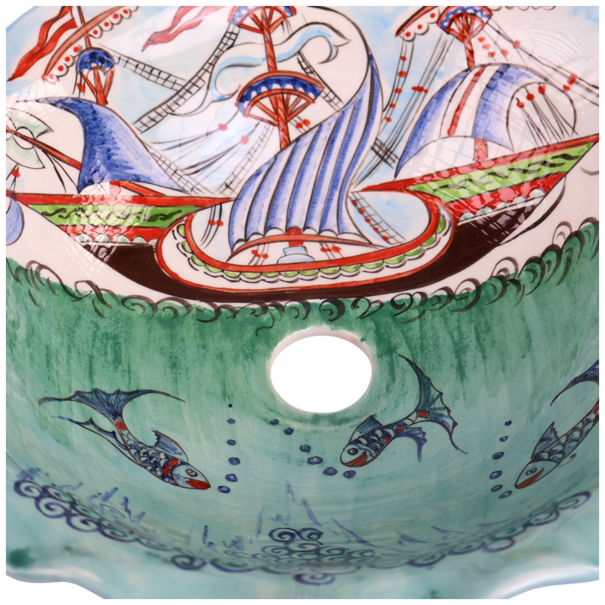 Hand-Painted Nautical Ceramic Sink - Turkish Ceramic Bowl Sink | Iznik-Inspired Bathroom Sink for Remodeling with Maritime Decor