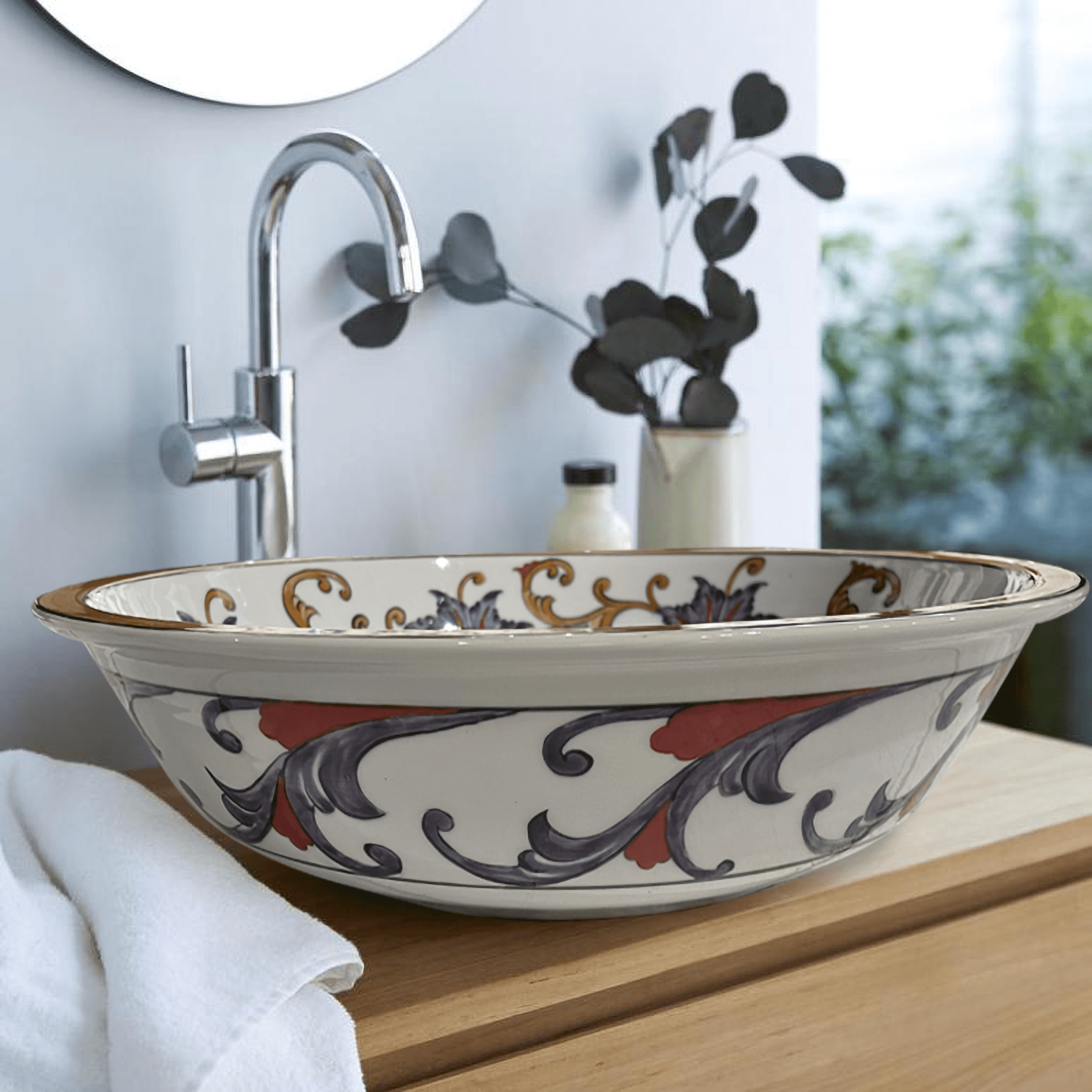 Hand Painted Bathroom Vanity Top Ceramic Vessel Sink - Floral Motifs