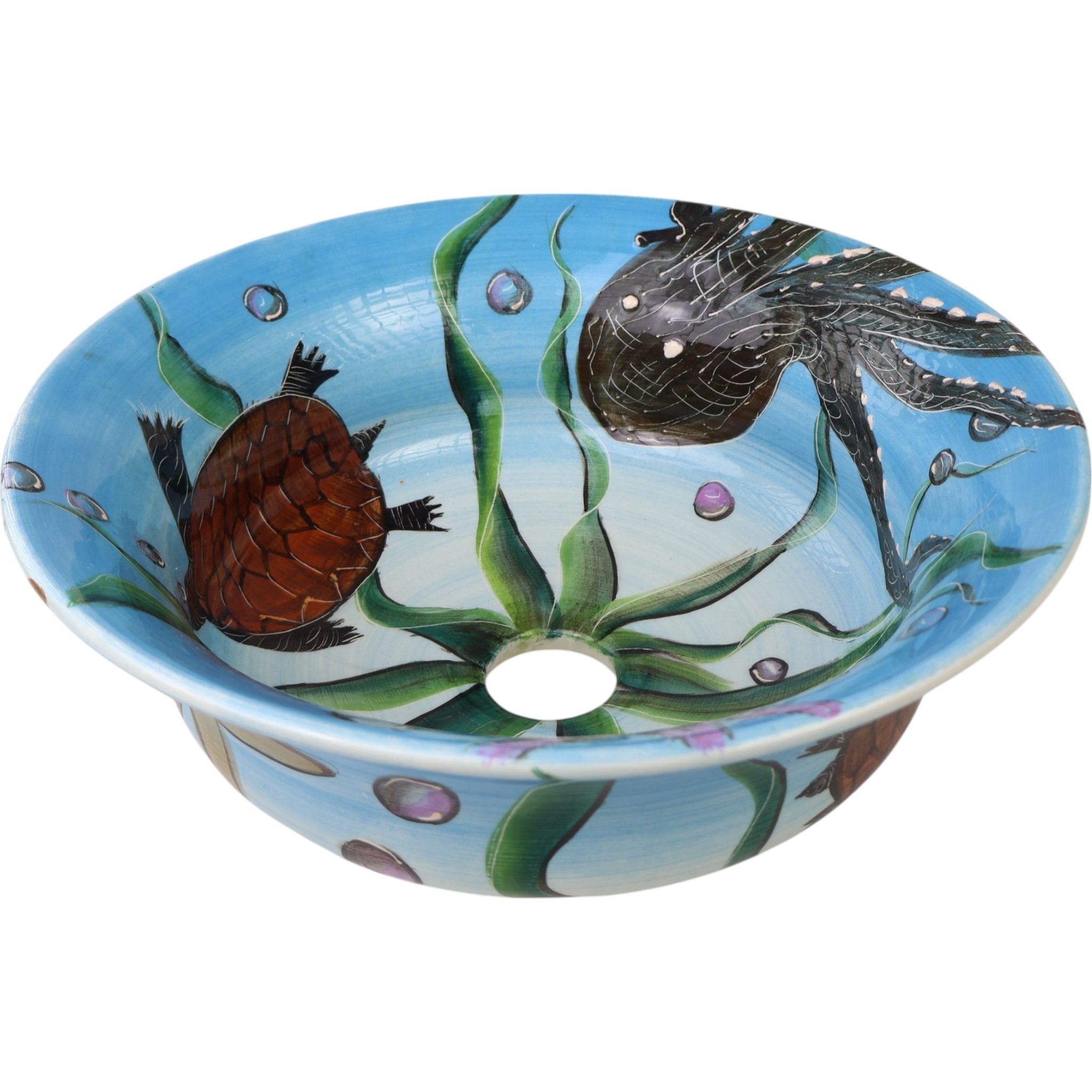 Bathroom Vessel Round Sink Basin - Octopus and Sea Turtle Pattern