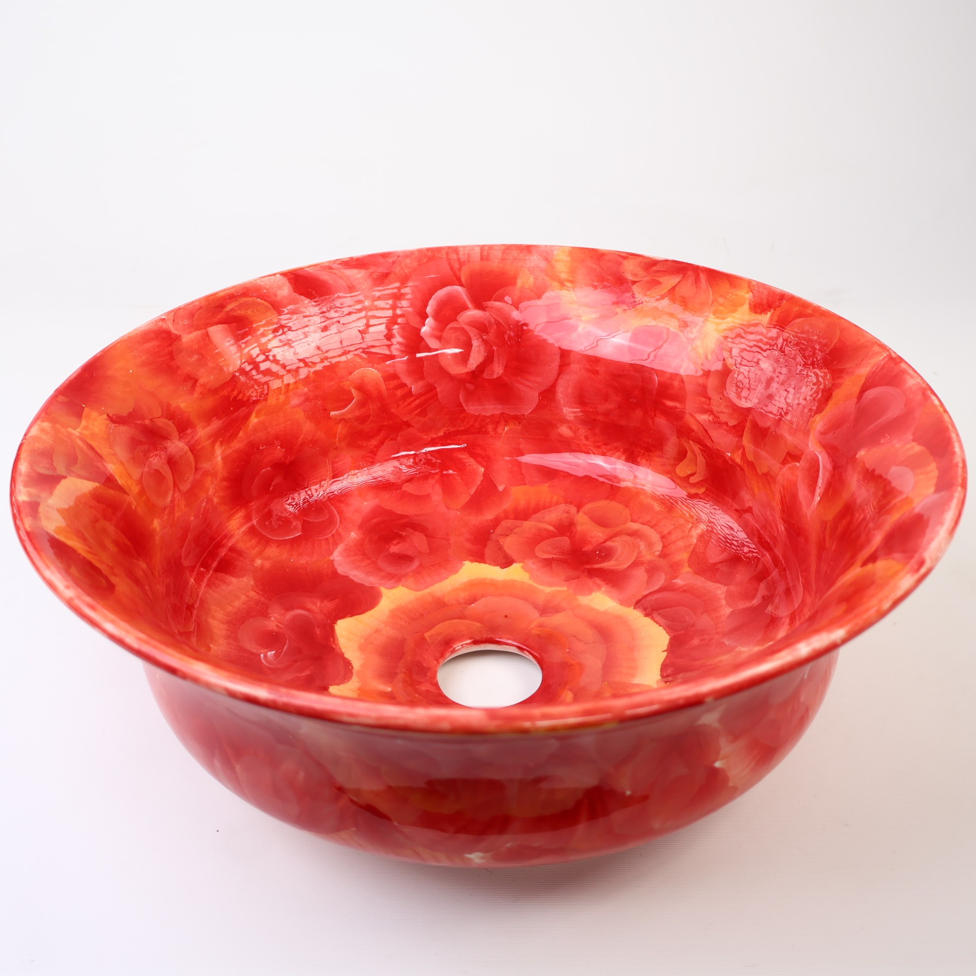 Bathroom Vessel Sink | Watercolor Artisan Floral Washbasin - Red