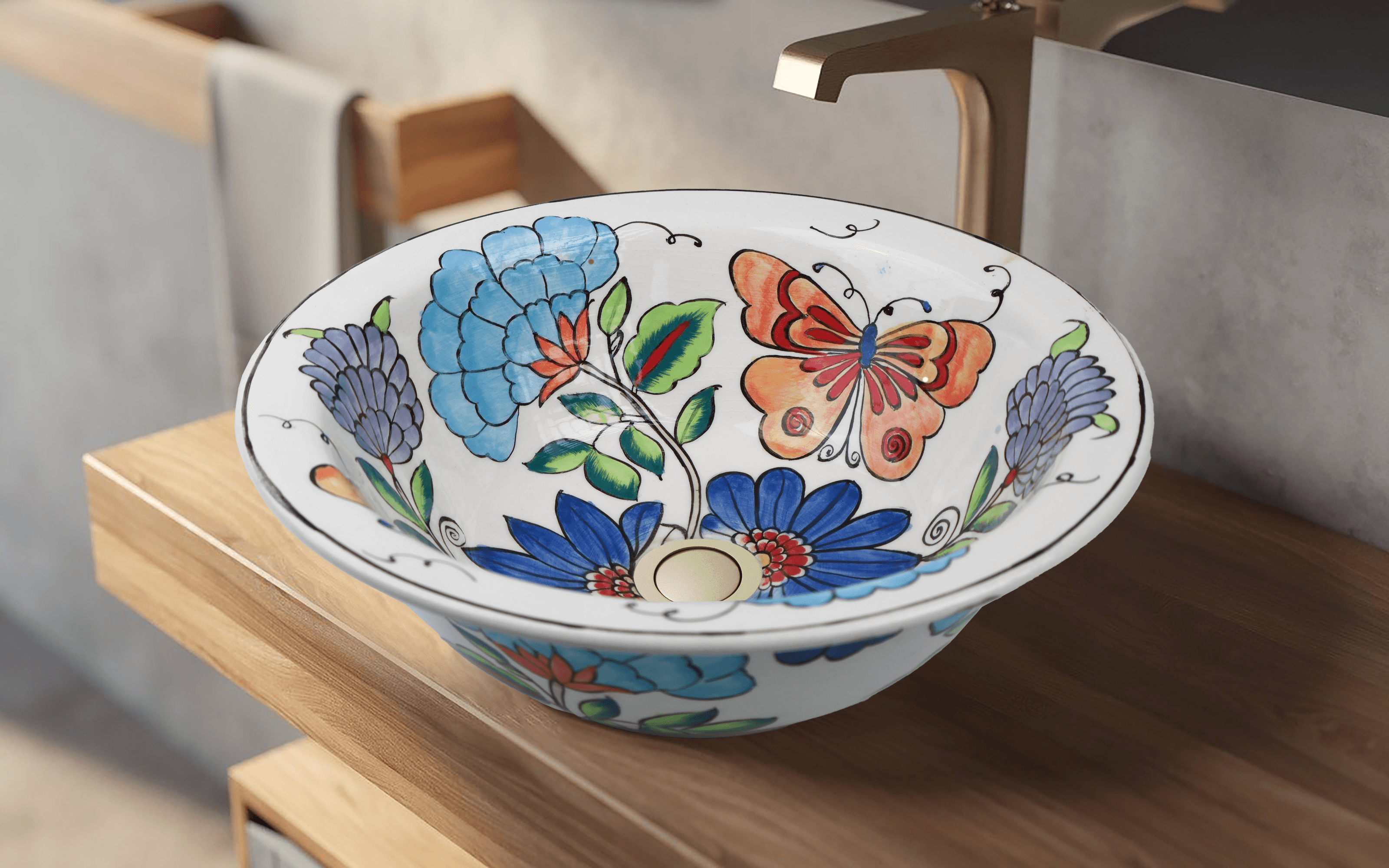 Colorful Floral & Butterfly Design Ceramic Sink - Handmade Masterpiece