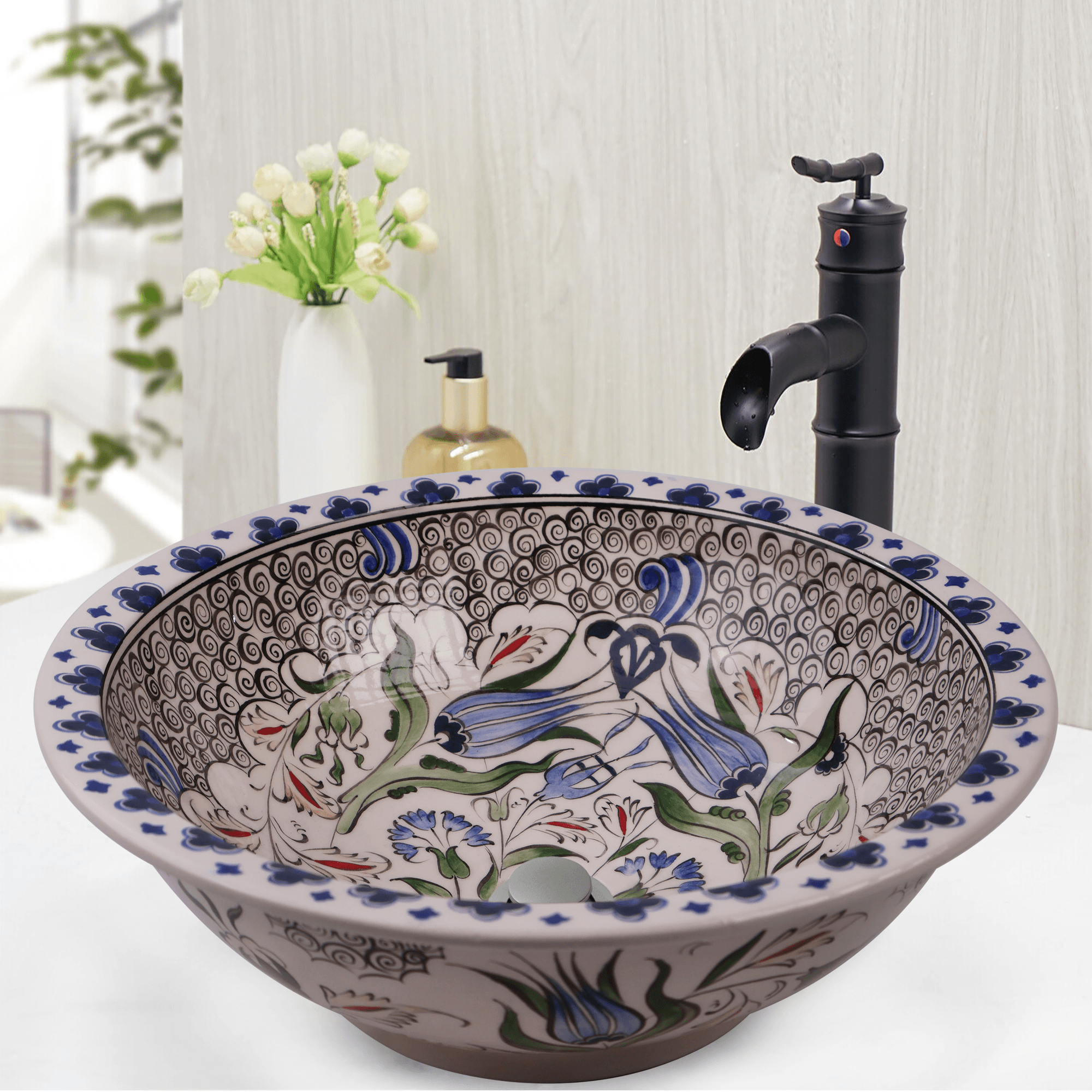 Elegant Tulip Floral Ceramic Sink - Handcrafted Bathroom Art