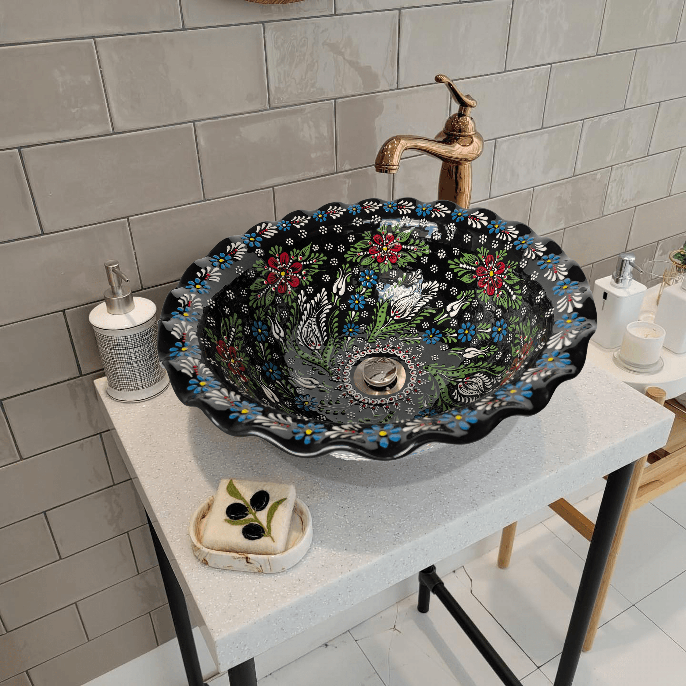 Hand Painted Bathroom Ceramic Vessel Sink Countertop - Relief Flowers