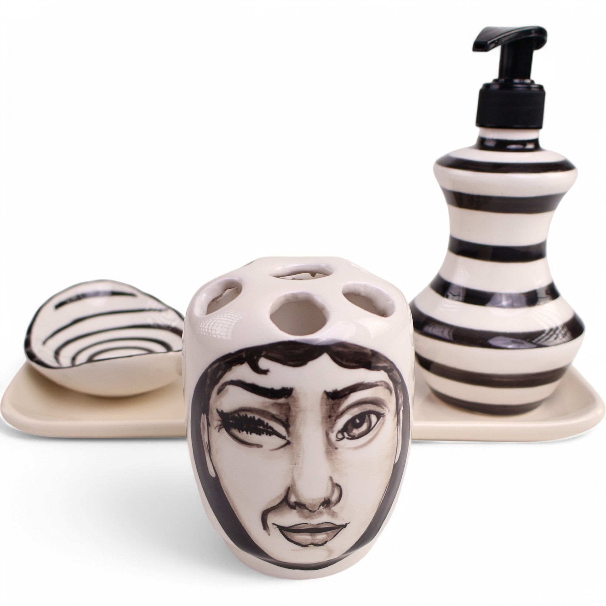 Handmade Ceramic Bathroom Set - Black & White Face Art Design | 4-Piece