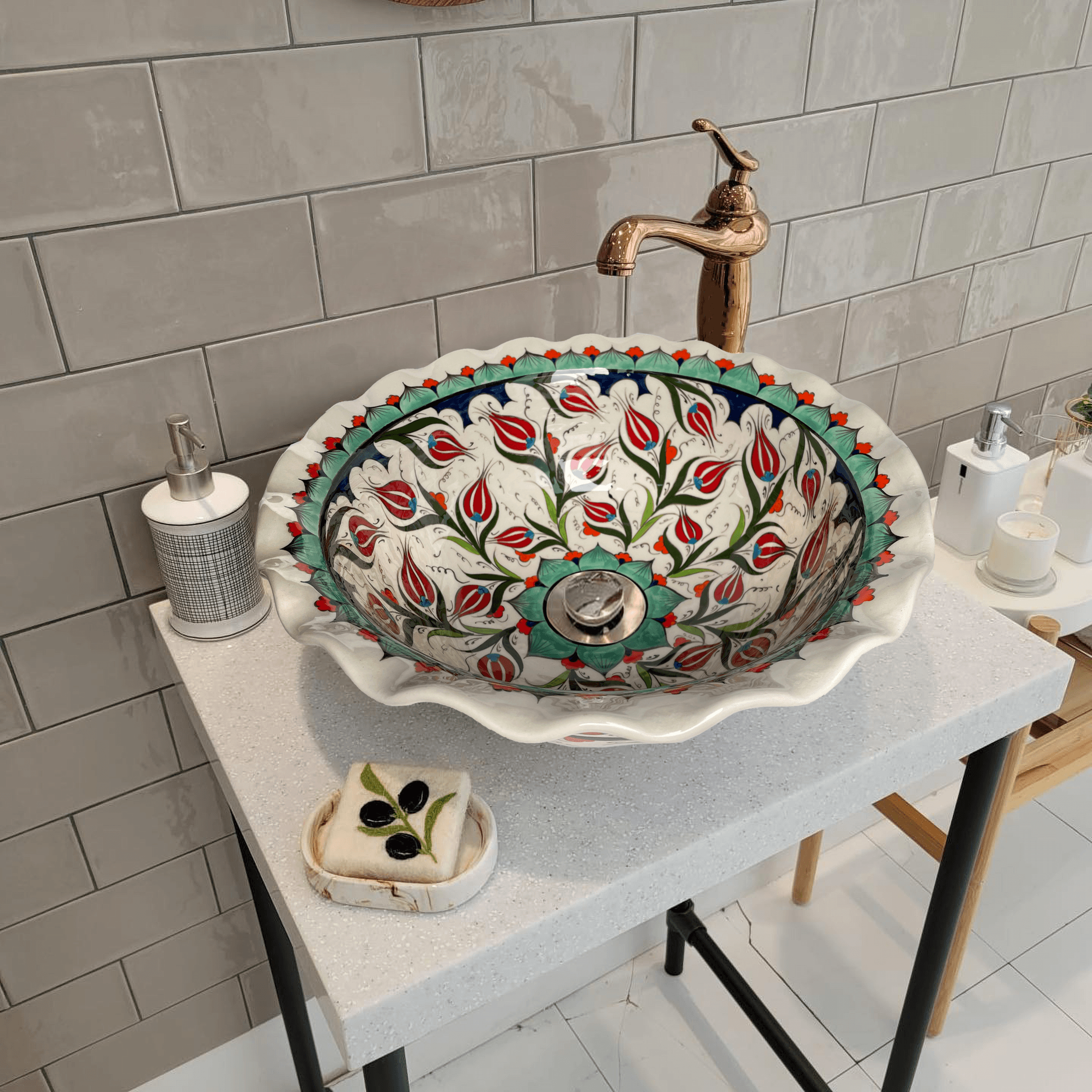 Hand Painted Bathroom Ceramic Vessel Sink Countertop - Tulips