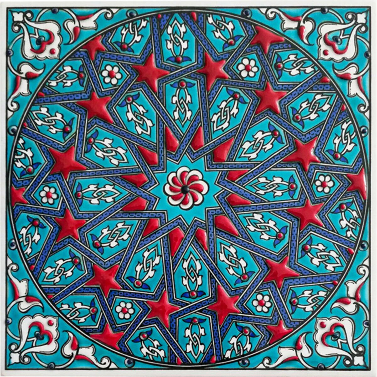 Hand Painted Turkish Ceramic Tile -  Handmade Decorative Geometric Patterned Tile - 8 in [20Cm] - Zeem Ceramic