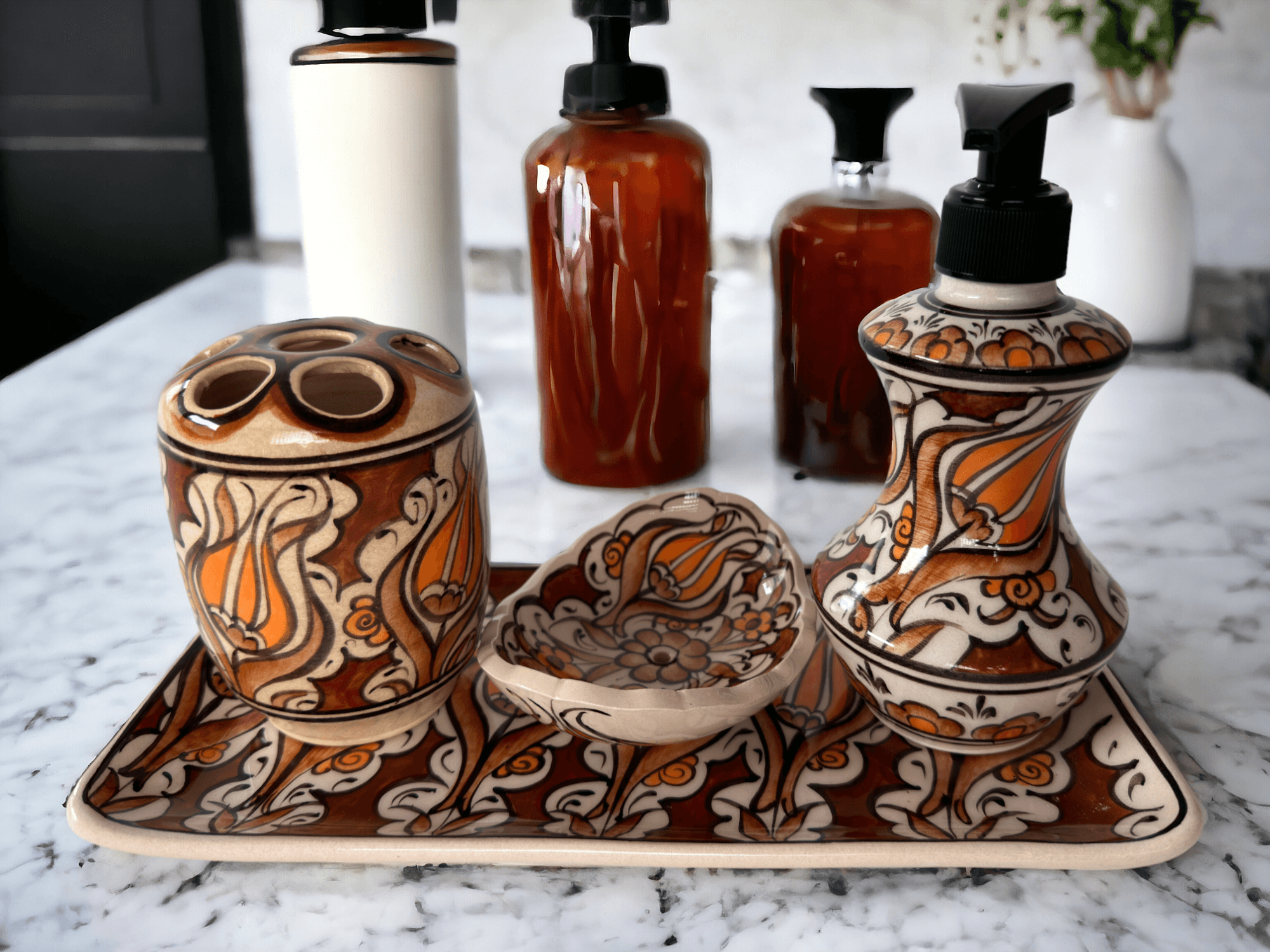 Hand Painted Ceramic Bathroom Accessory Set - Brown Tulip