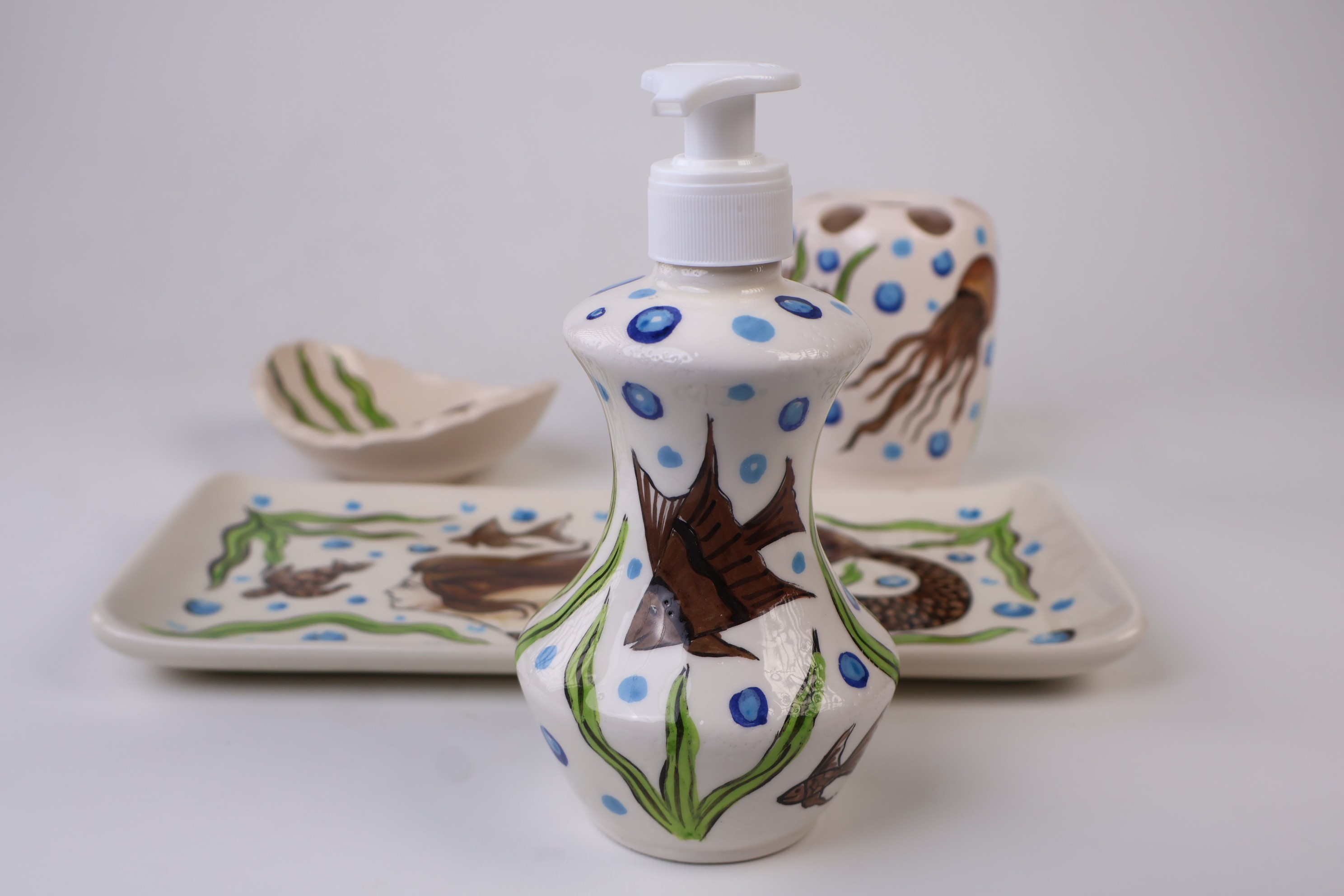 Zeem Ceramic Hand-Painted Bathroom Sets - Mermaid & Jellyfish Premium Handmade Design