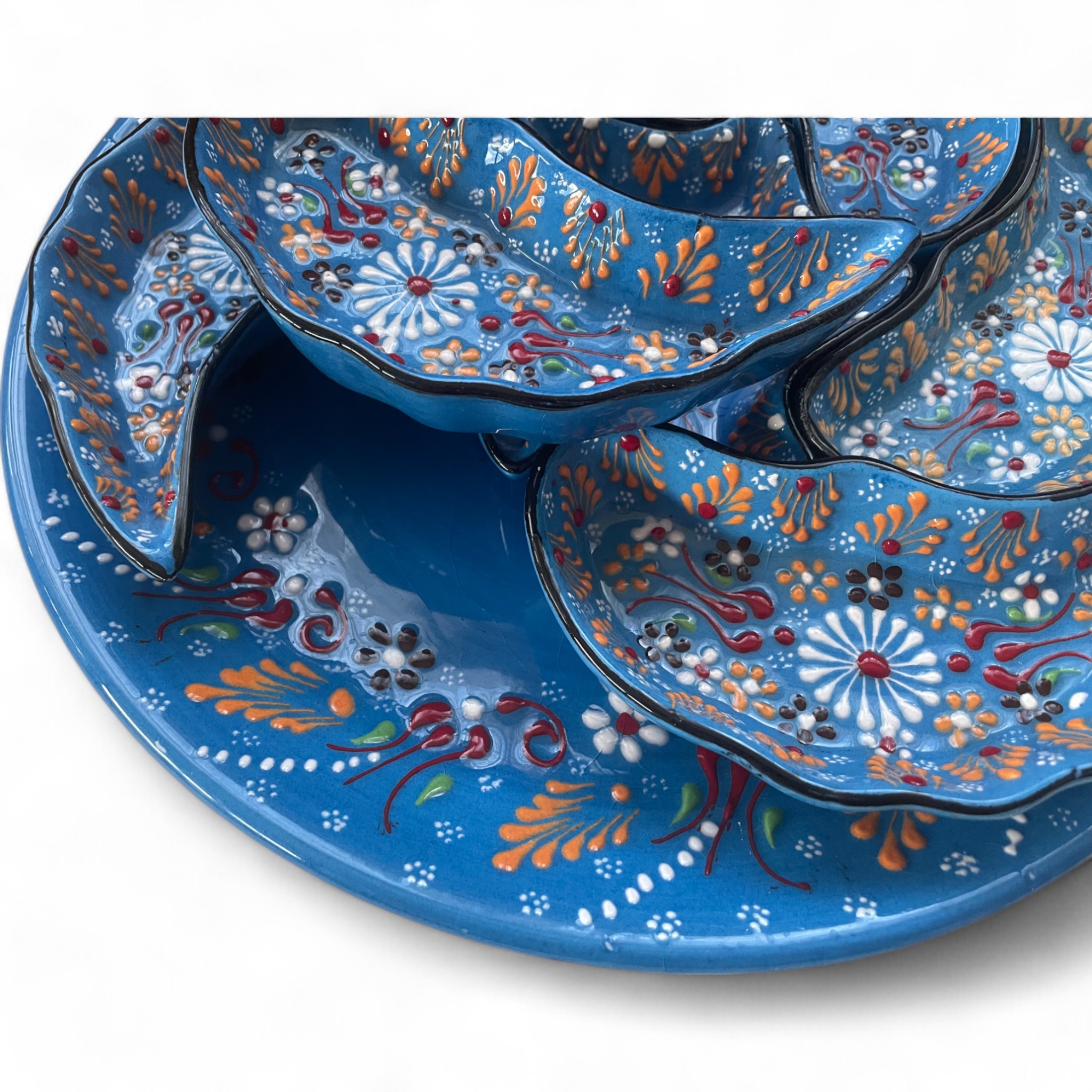 Handcrafted Snack, Nuts Serving Platter and Crudite Dish Set - Raised Relief Pattern - Blue