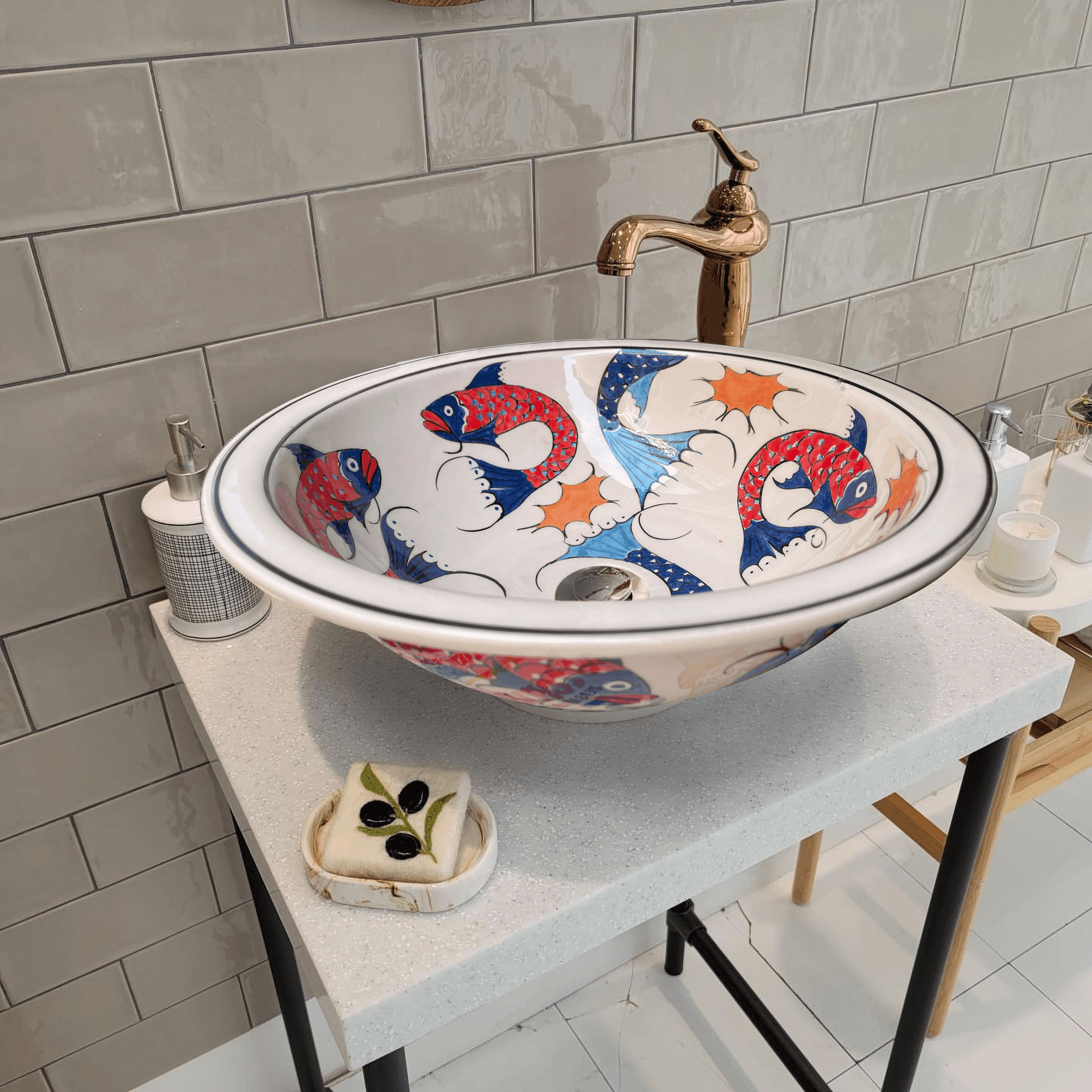 Hand Painted Bathroom Ceramic Vessel Sink Countertop - Fishes