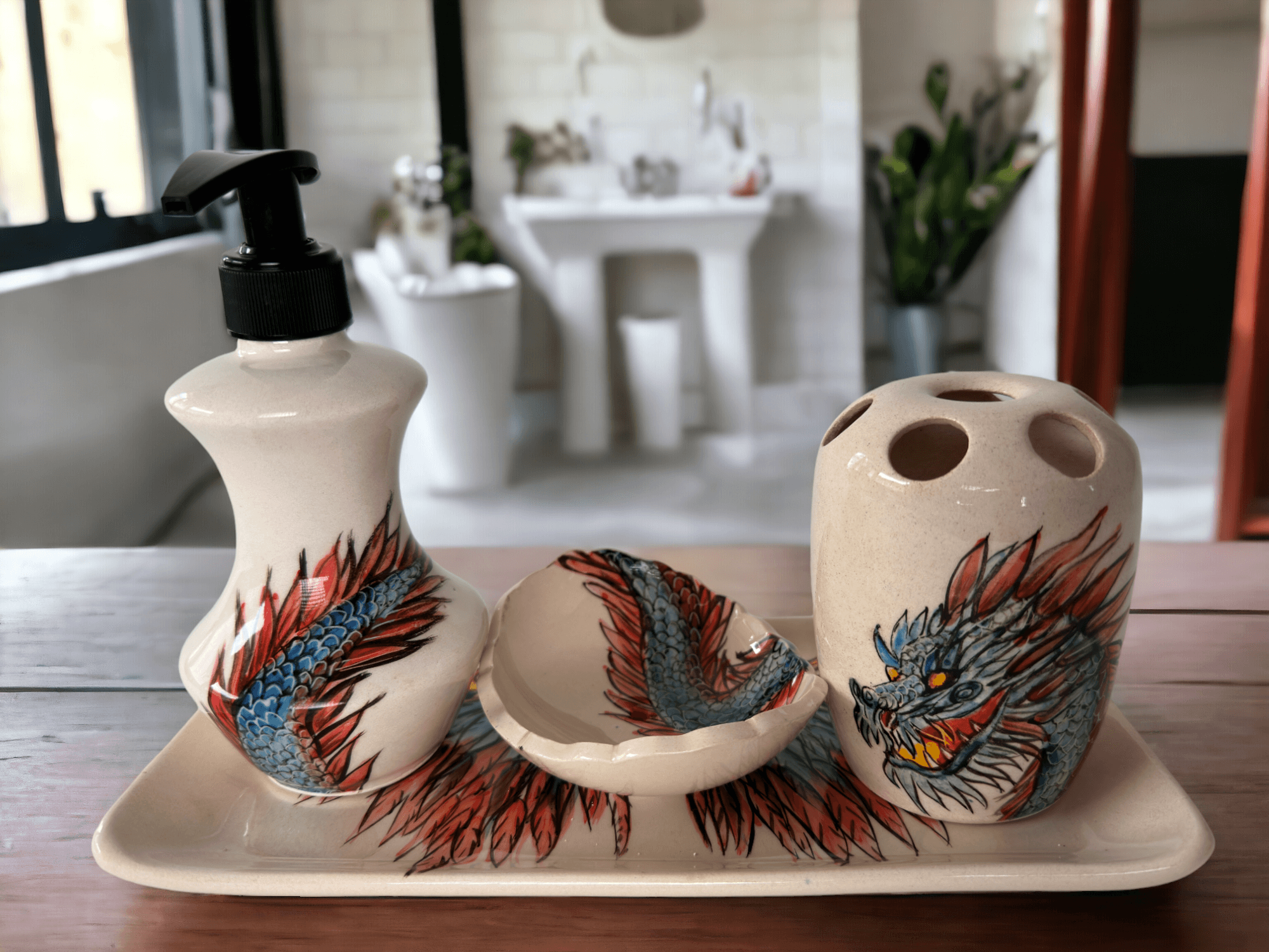 Hand Painted Ceramic Bathroom Accessory Set - Dragon and Phoenix