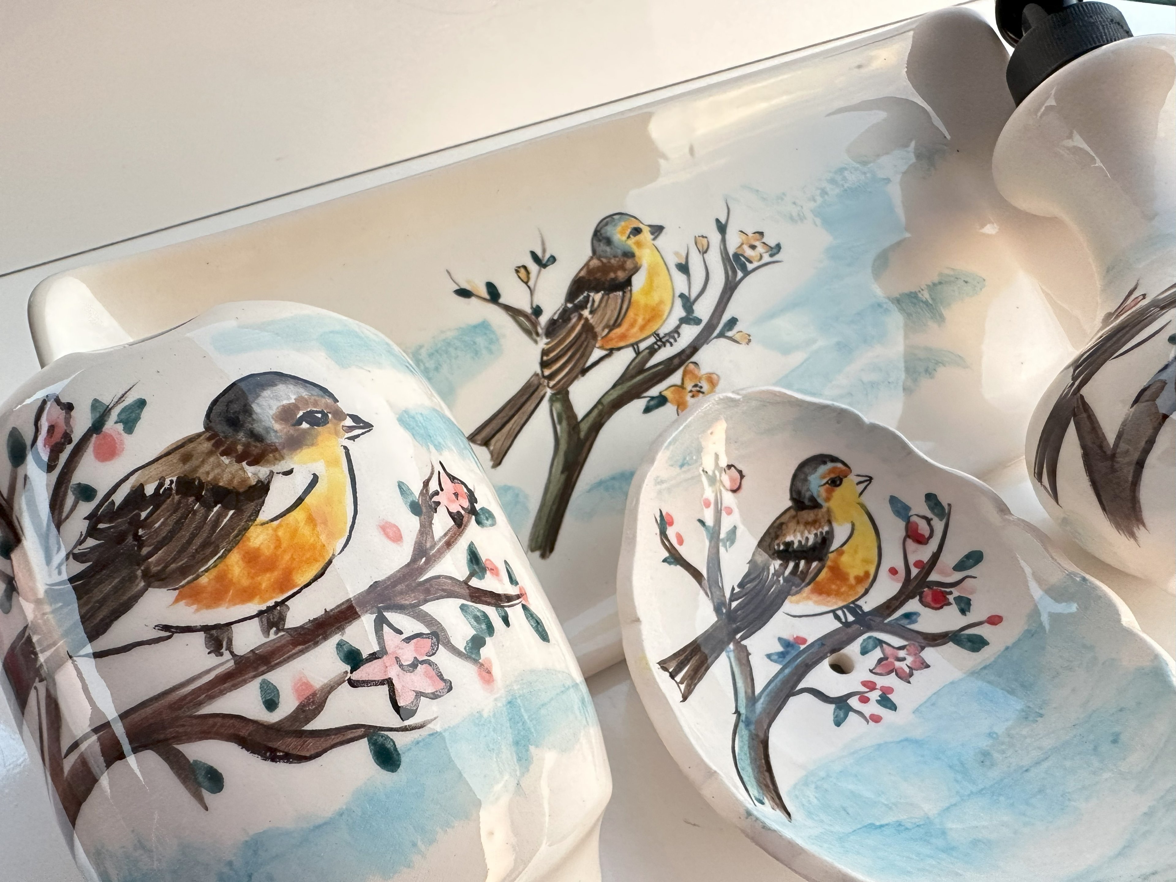 Hand Painted Ceramic Bathroom Accessory Set - Birds in the Sakura