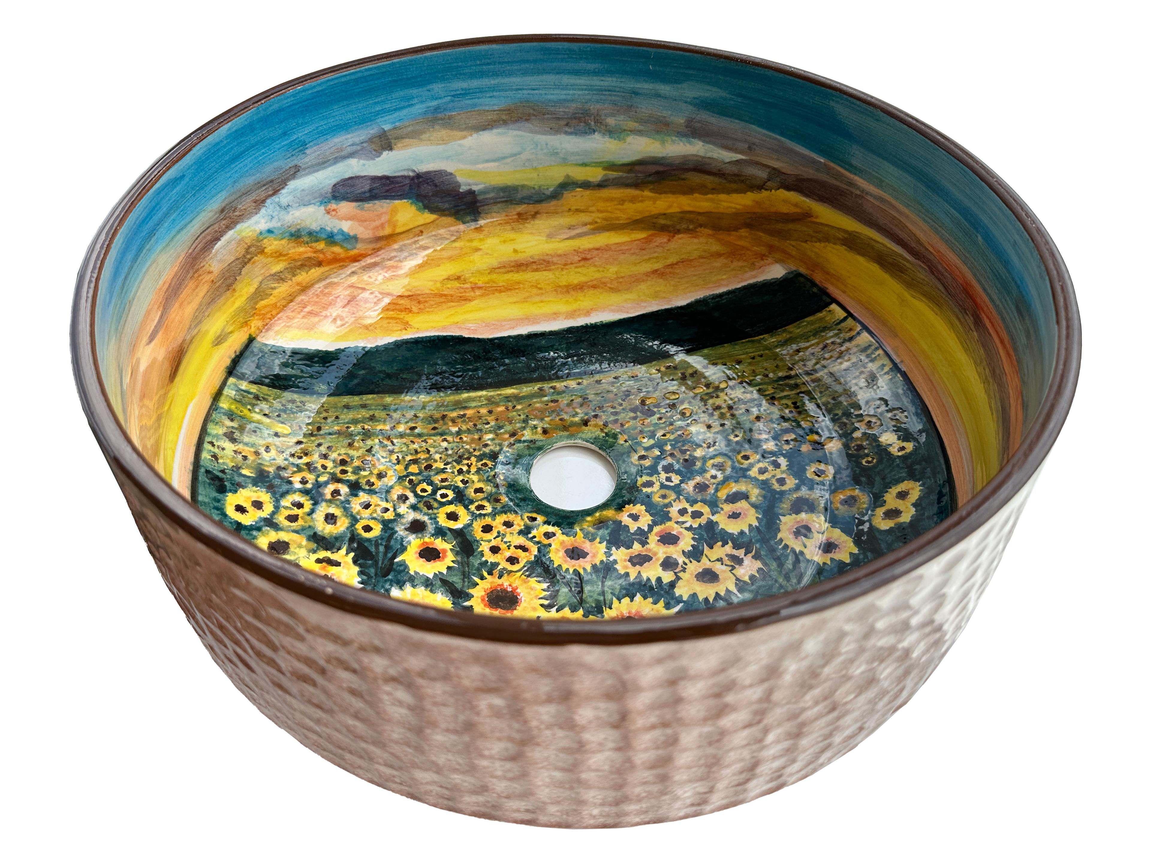 Handcrafted Bathroom Countertop Ceramic Vessel Basin - Sunflowers and Landscape