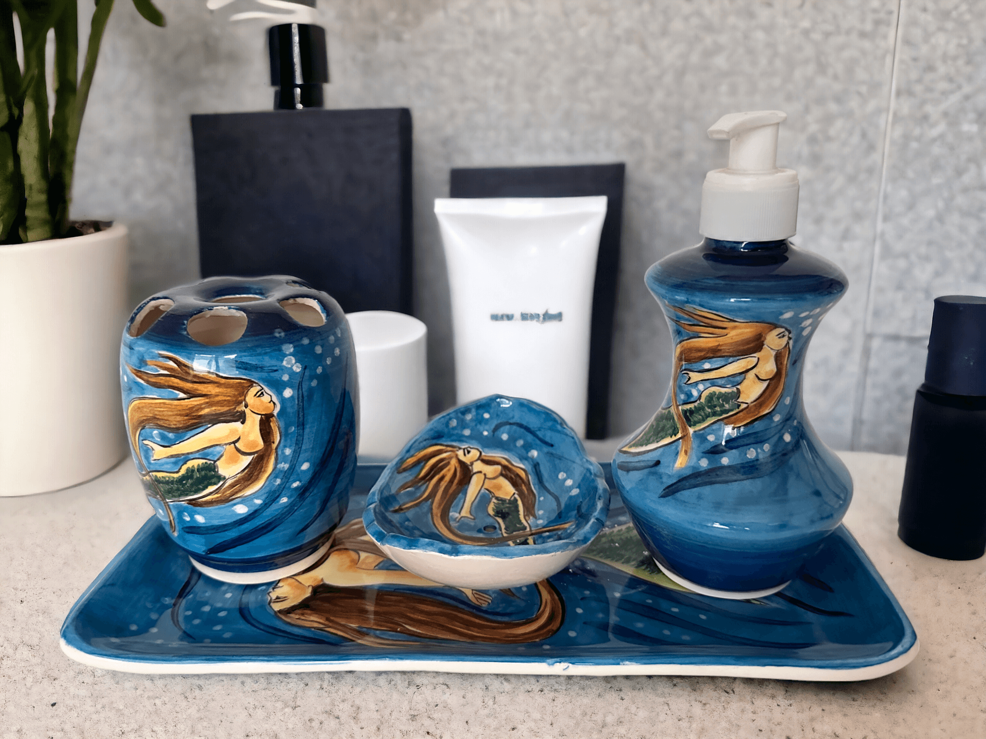 Hand Painted Ceramic Bathroom Accessory Set - Mermaid