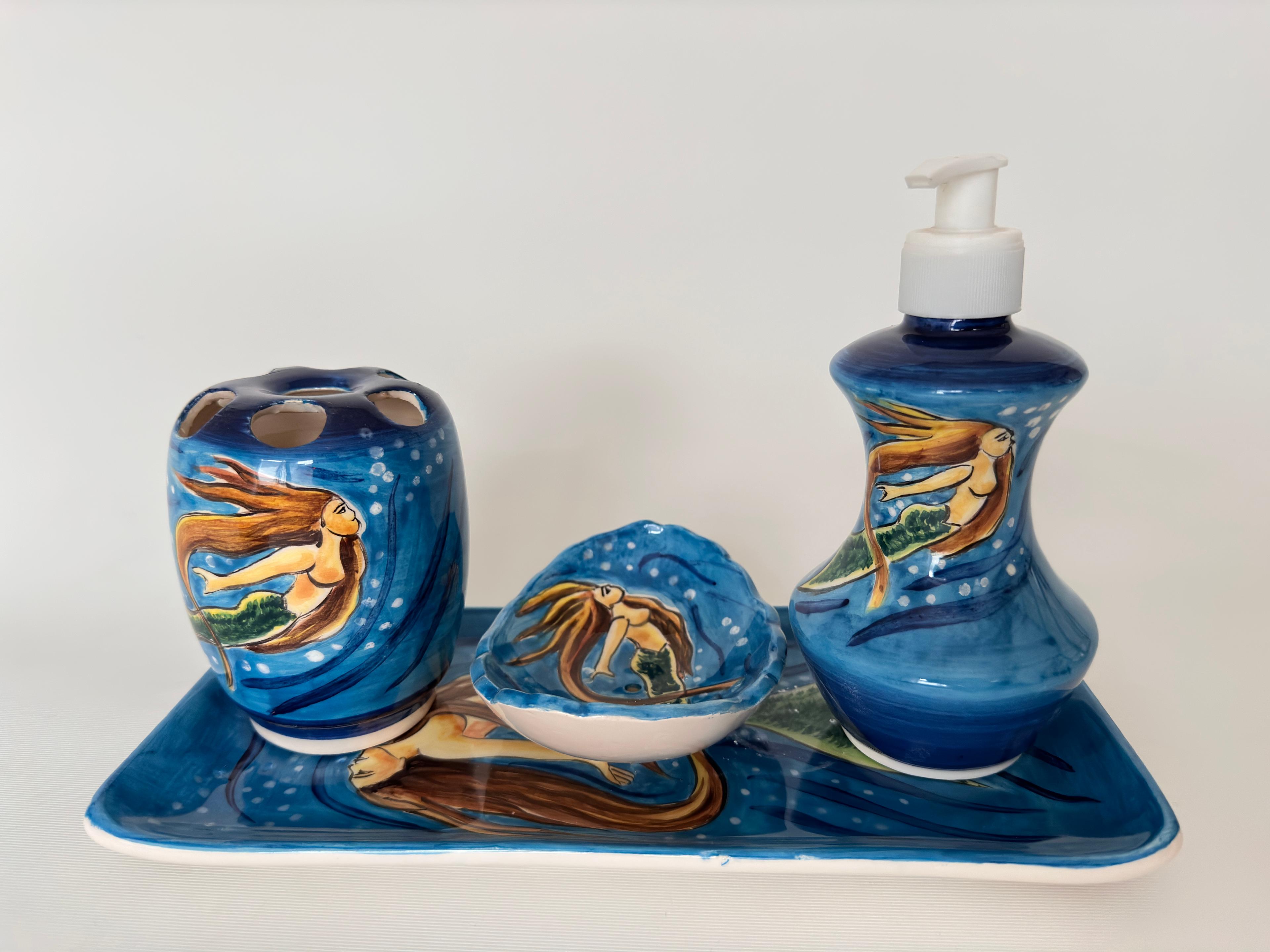 Hand Painted Ceramic Bathroom Accessory Set - Mermaid