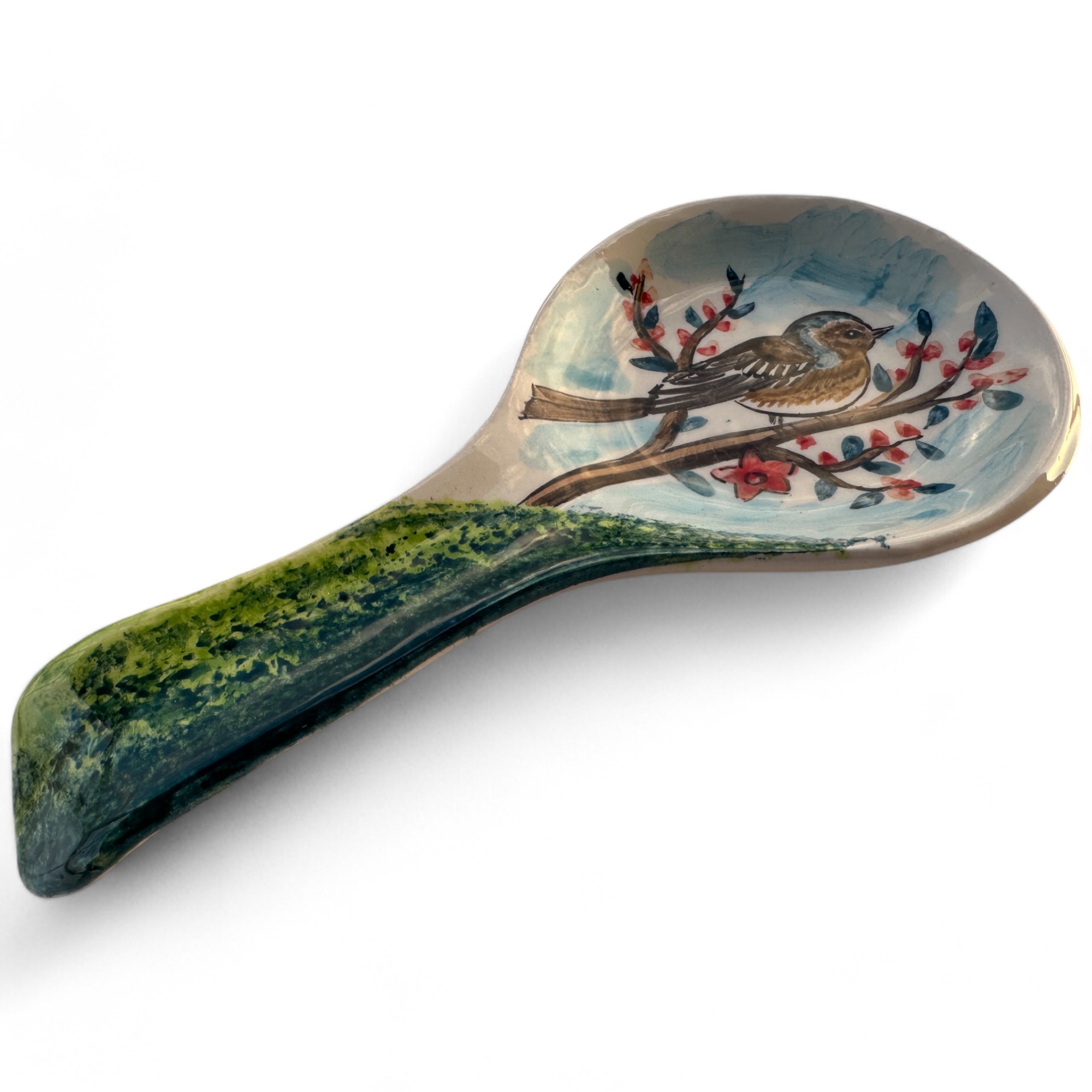 Handcrafted Animal Patterned Ceramic Spoon Rest - Hand Painted Sea Design Spoon Holder - Alone Bird