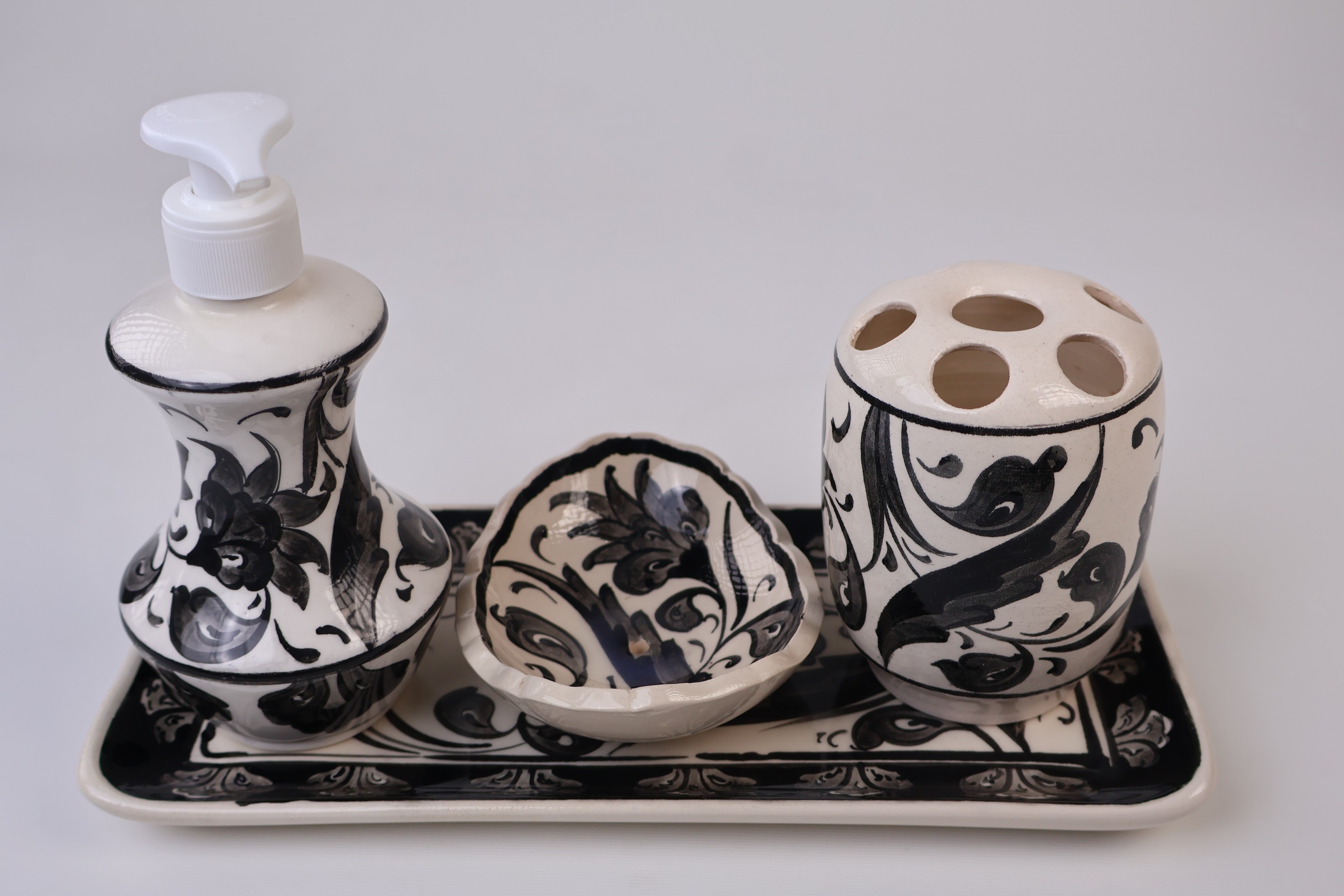 Artistic Ceramic Bathroom Accessories by Zeem Ceramic - Hand-Painted Black Leaves Perfection