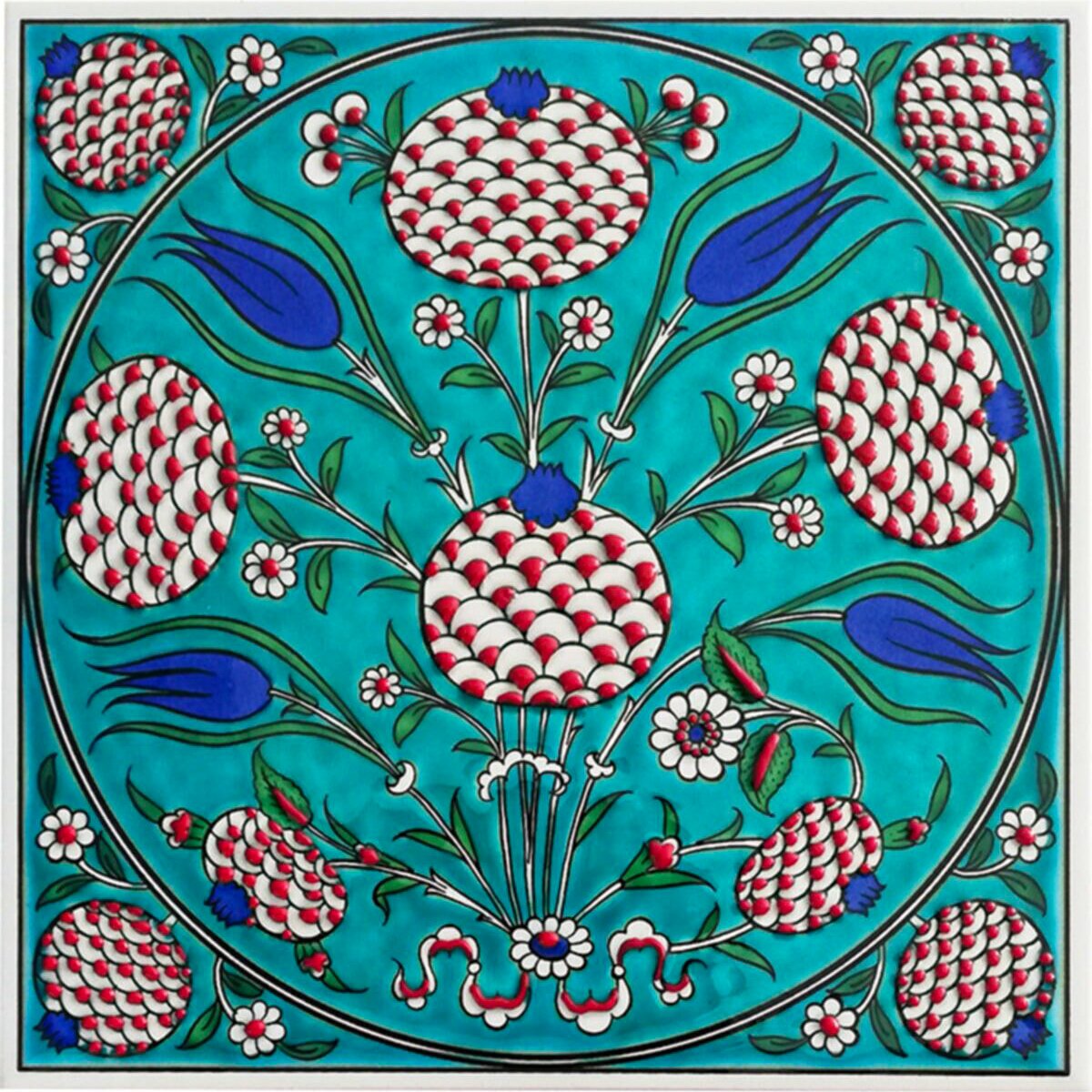 Hand Painted Turkish Ceramic Tile -  Handmade Decorative Floral Patterned Tile - 8 in [20Cm] - Zeem Ceramic