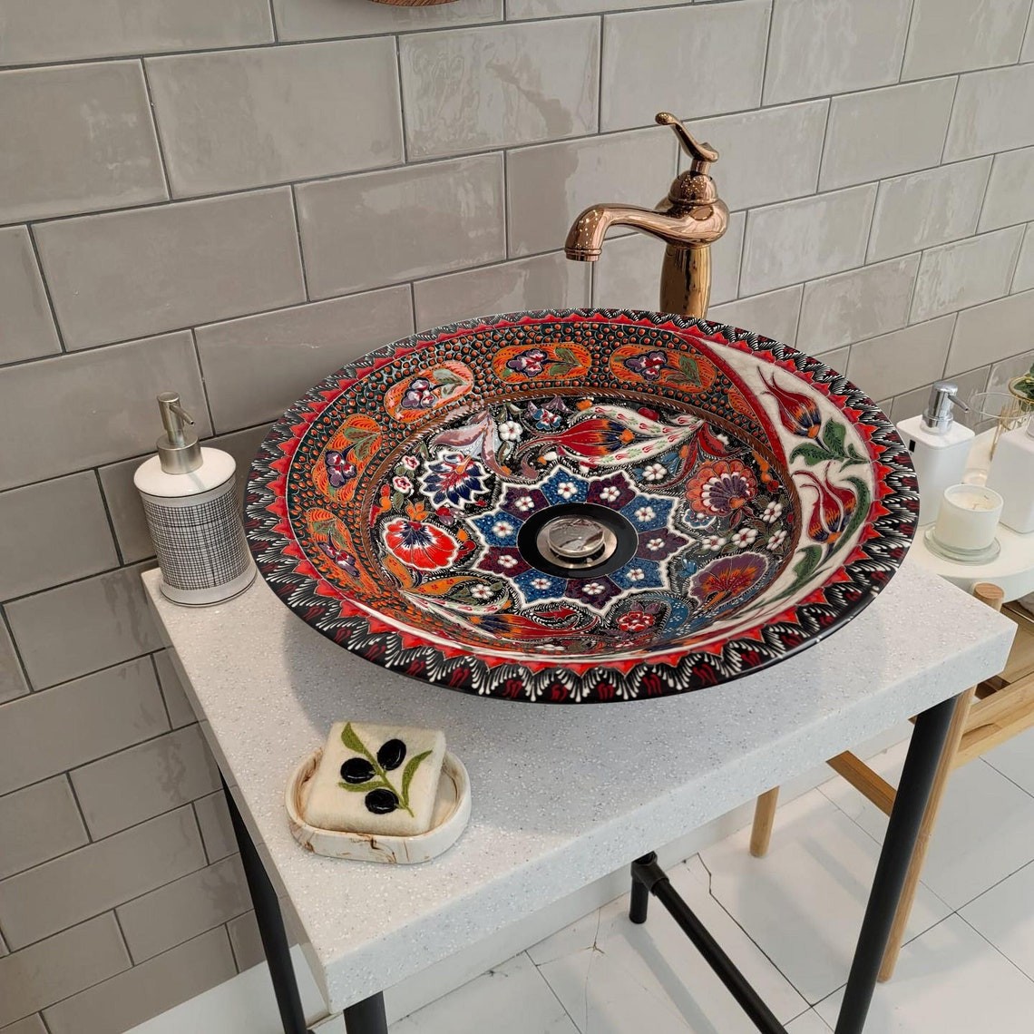 Bathroom Countertop Ceramic Relief Vessel Sink - Red Flowers