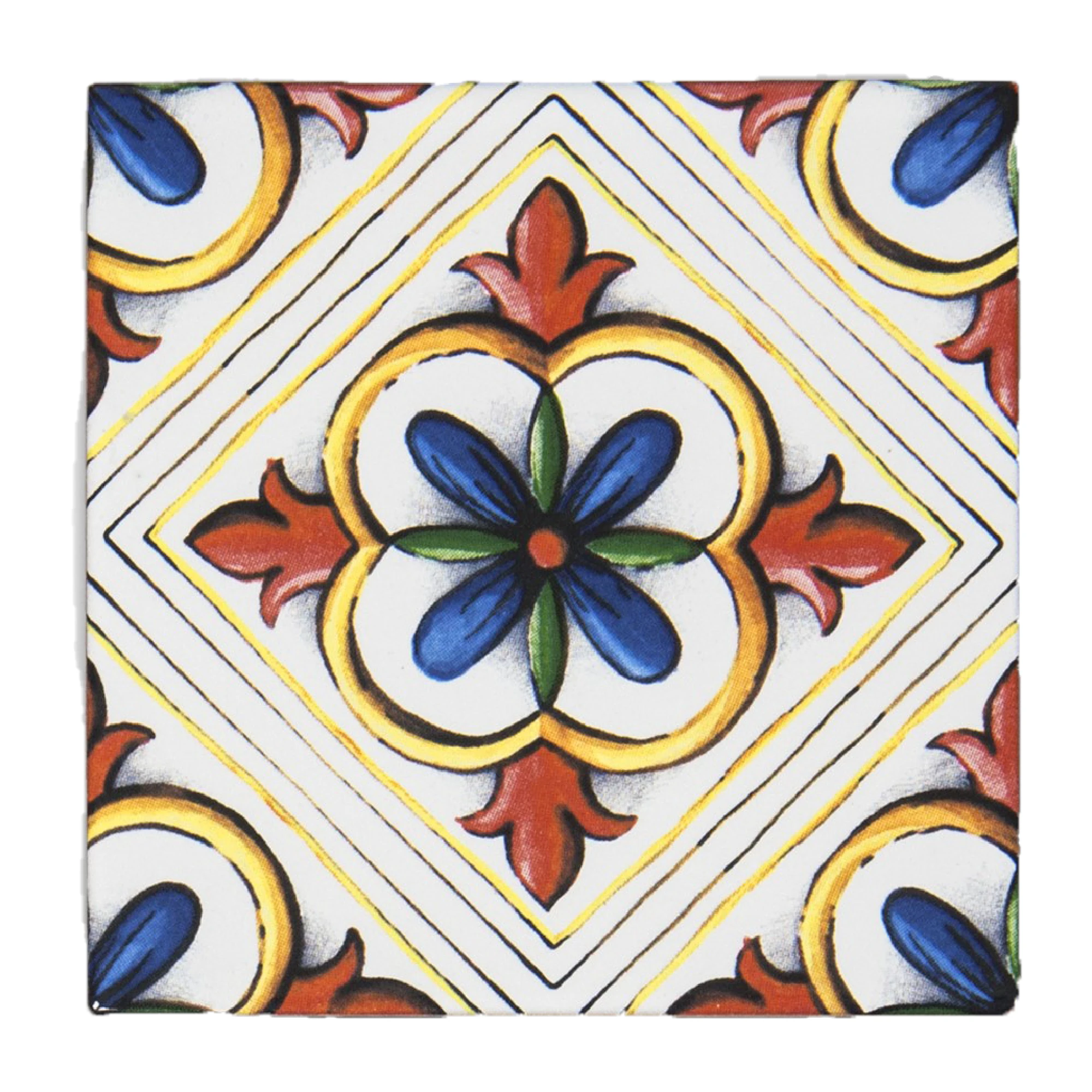 6 Unique Porcelain Spanish Tiles Backsplash - Handcrafted 3.7" Tile with Floral Pattern - F