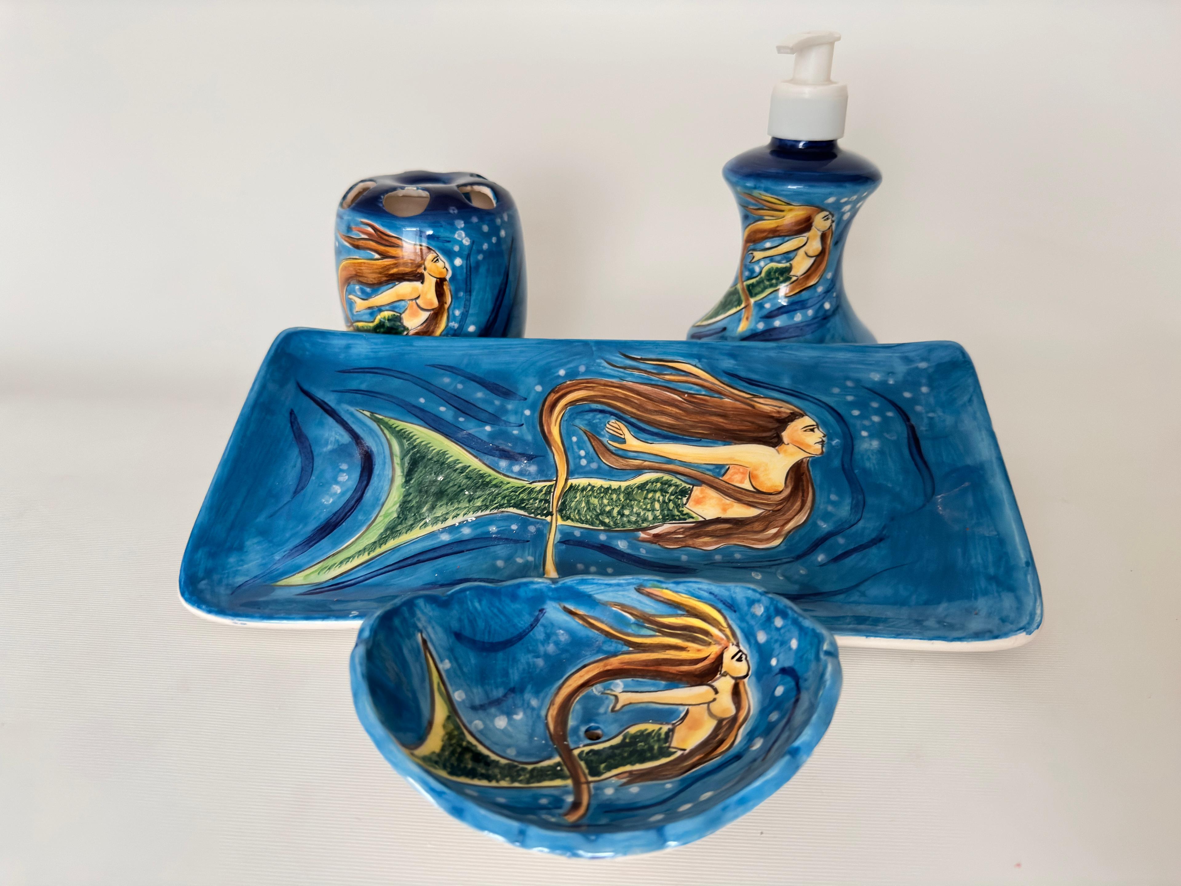 Hand Painted Ceramic Bathroom Accessory Set - Mermaid