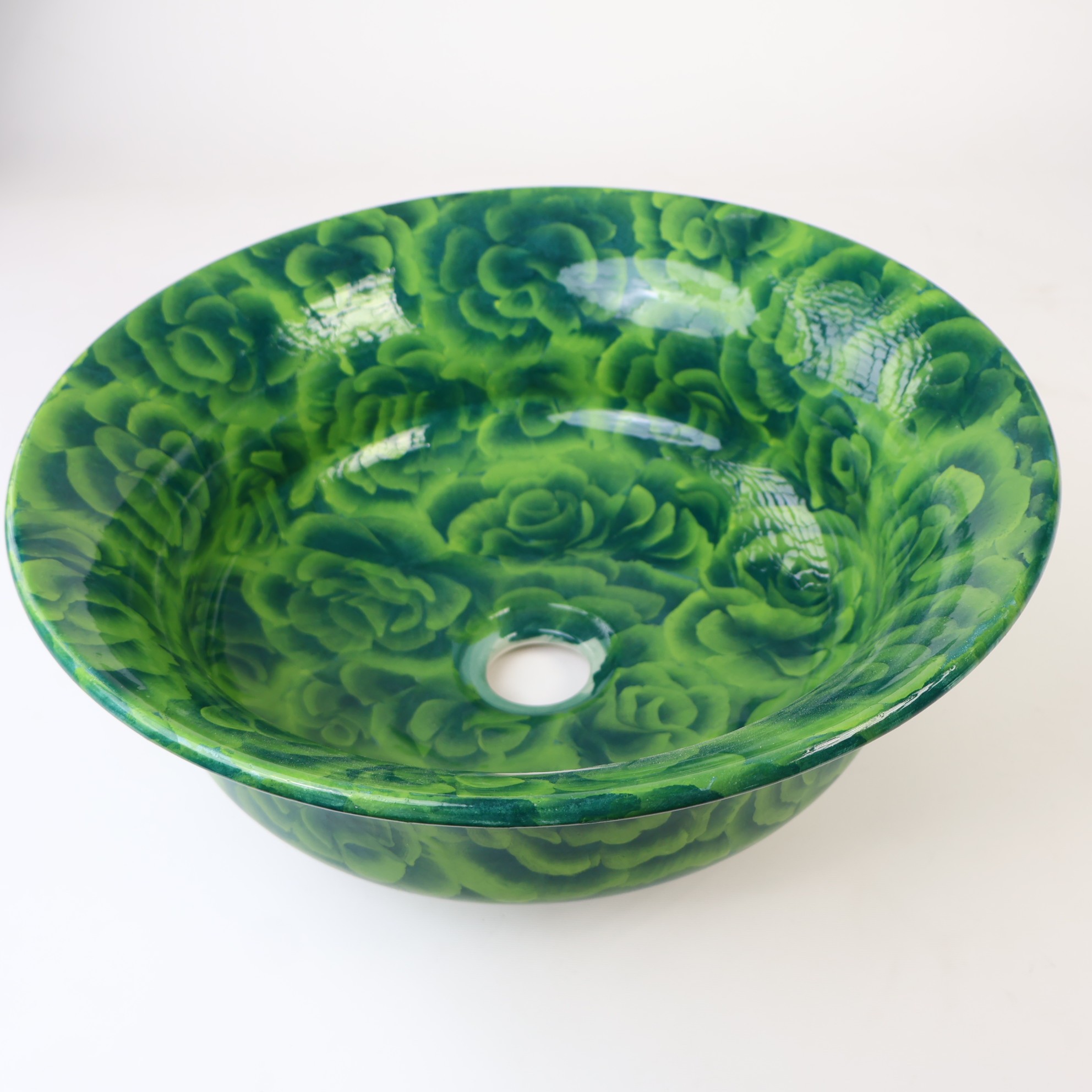 Bathroom Vessel Sink | Watercolor Artisan Floral Washbasin - Green