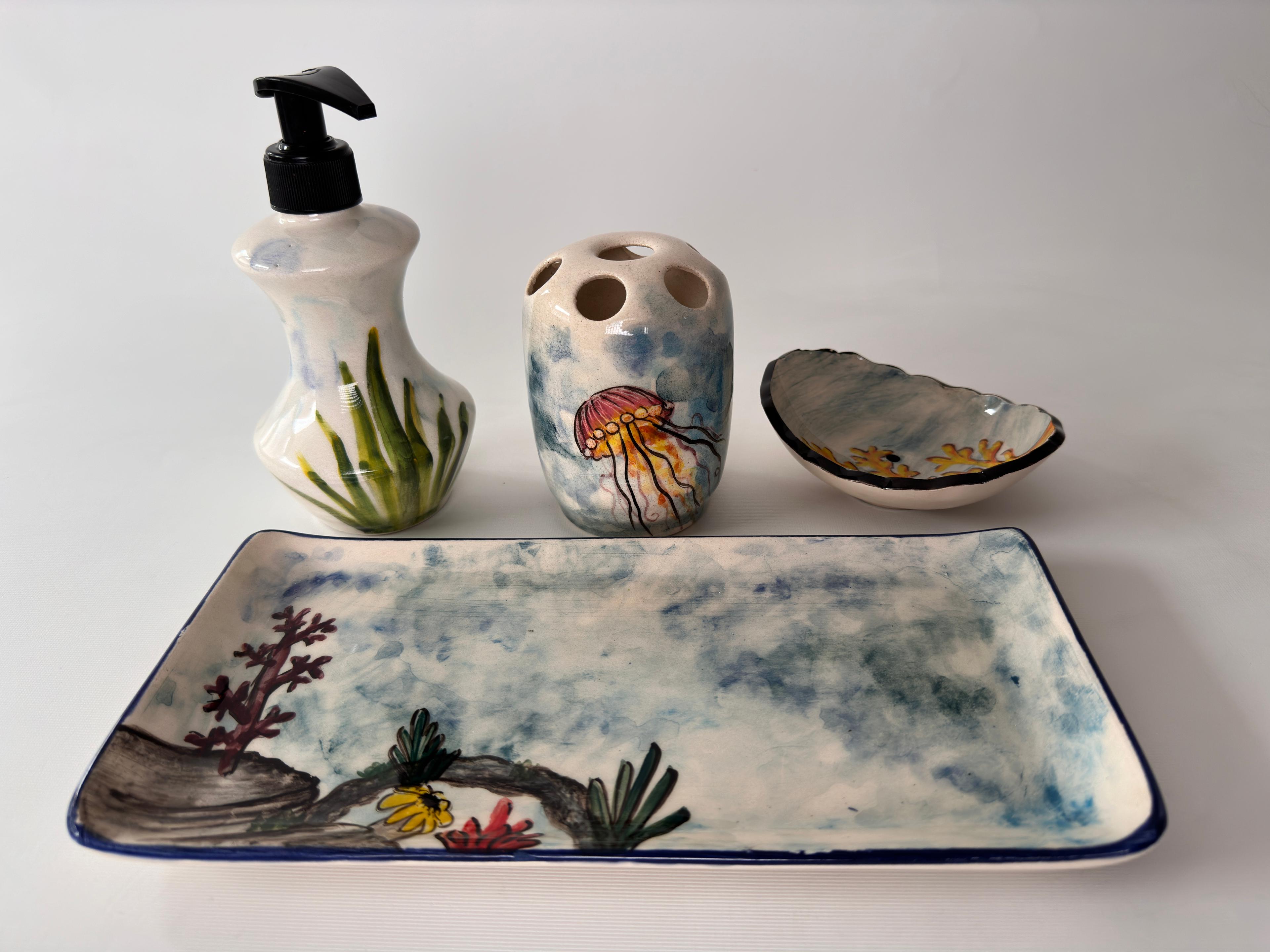 Hand Painted Ceramic Bathroom Accessory Set - Jellyfish