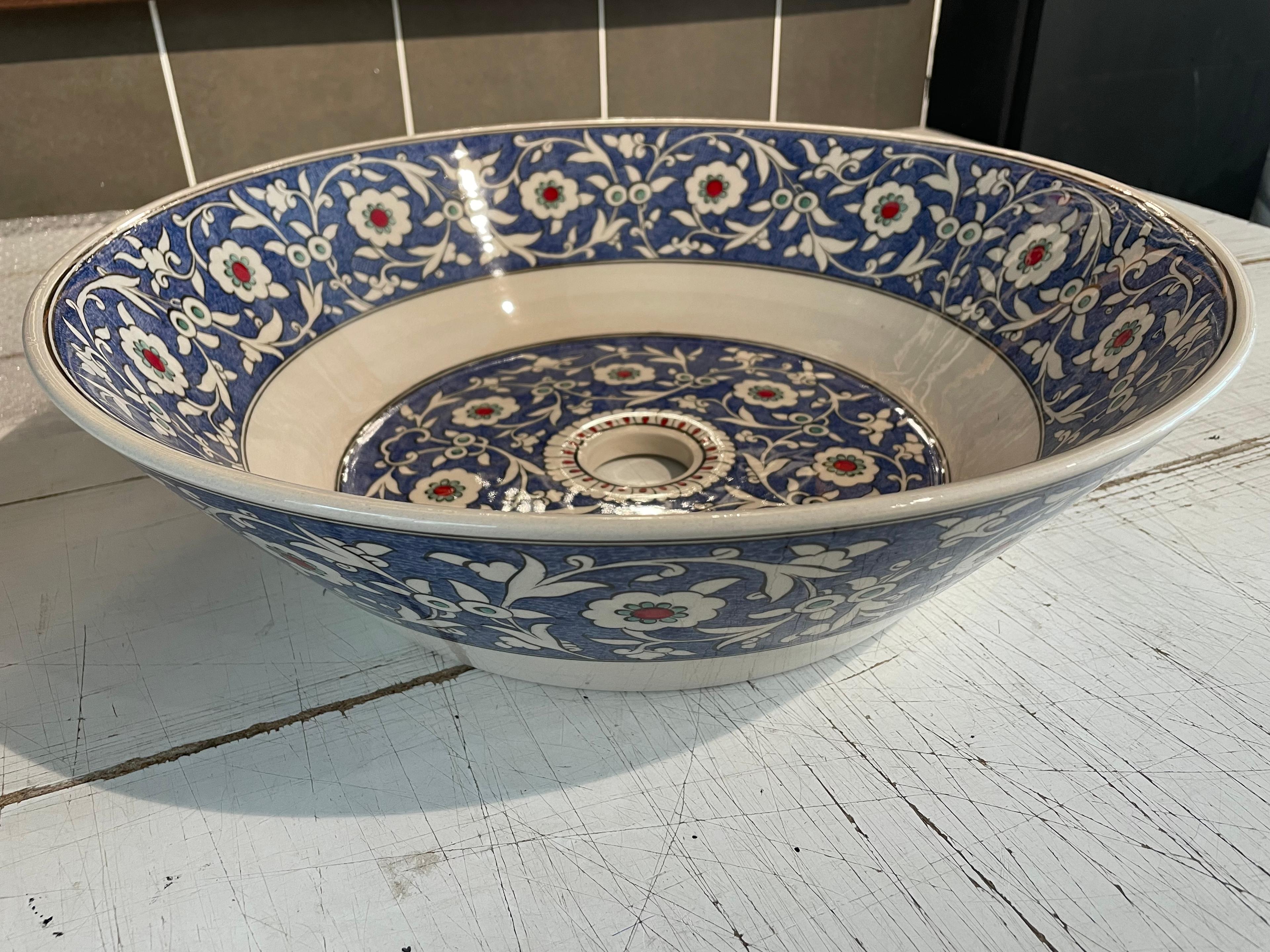 Hand Painted Bathroom Vanity Top Ceramic Vessel Sink - Blue Floral Motifs