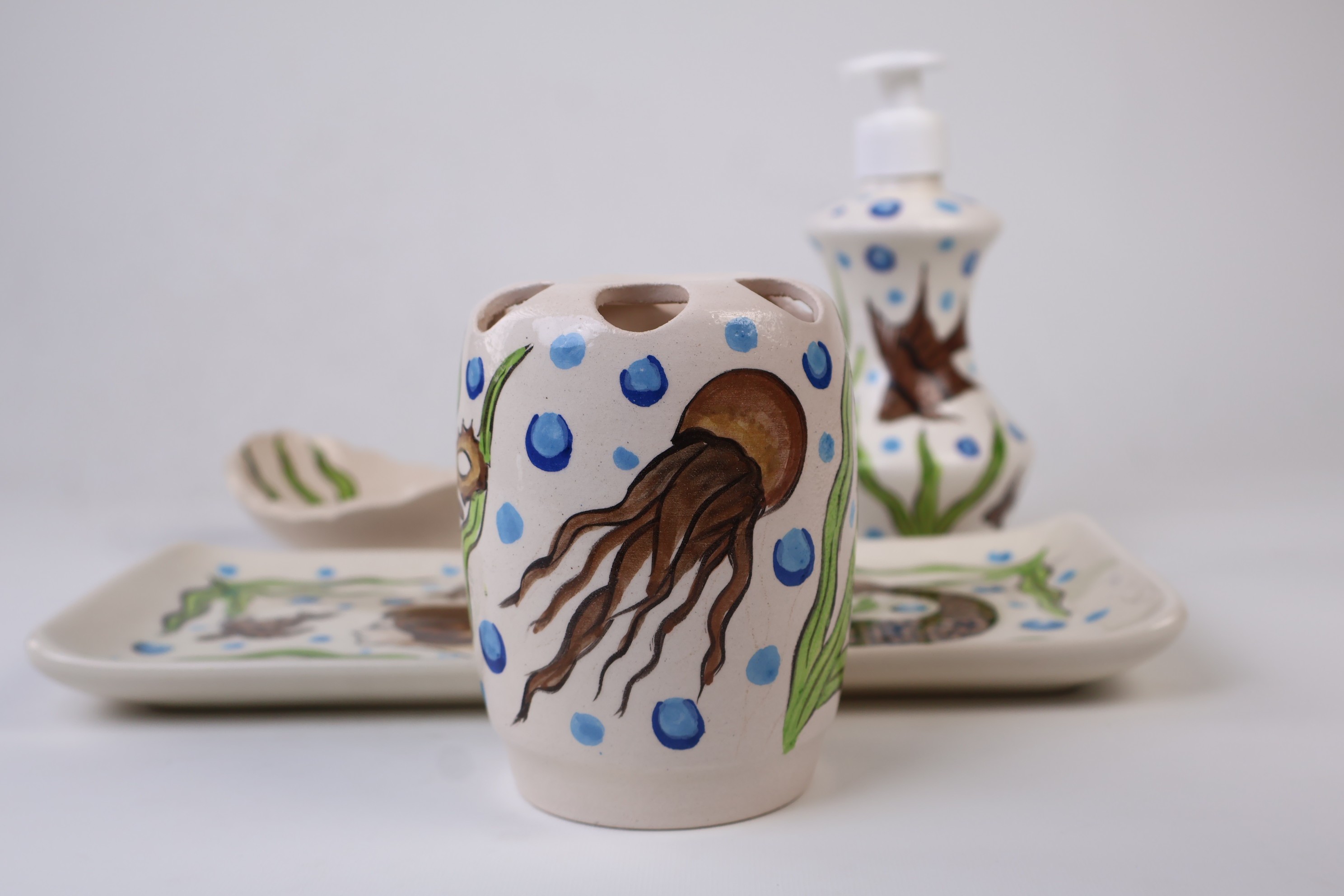 Zeem Ceramic Hand-Painted Bathroom Sets - Mermaid & Jellyfish Premium Handmade Design