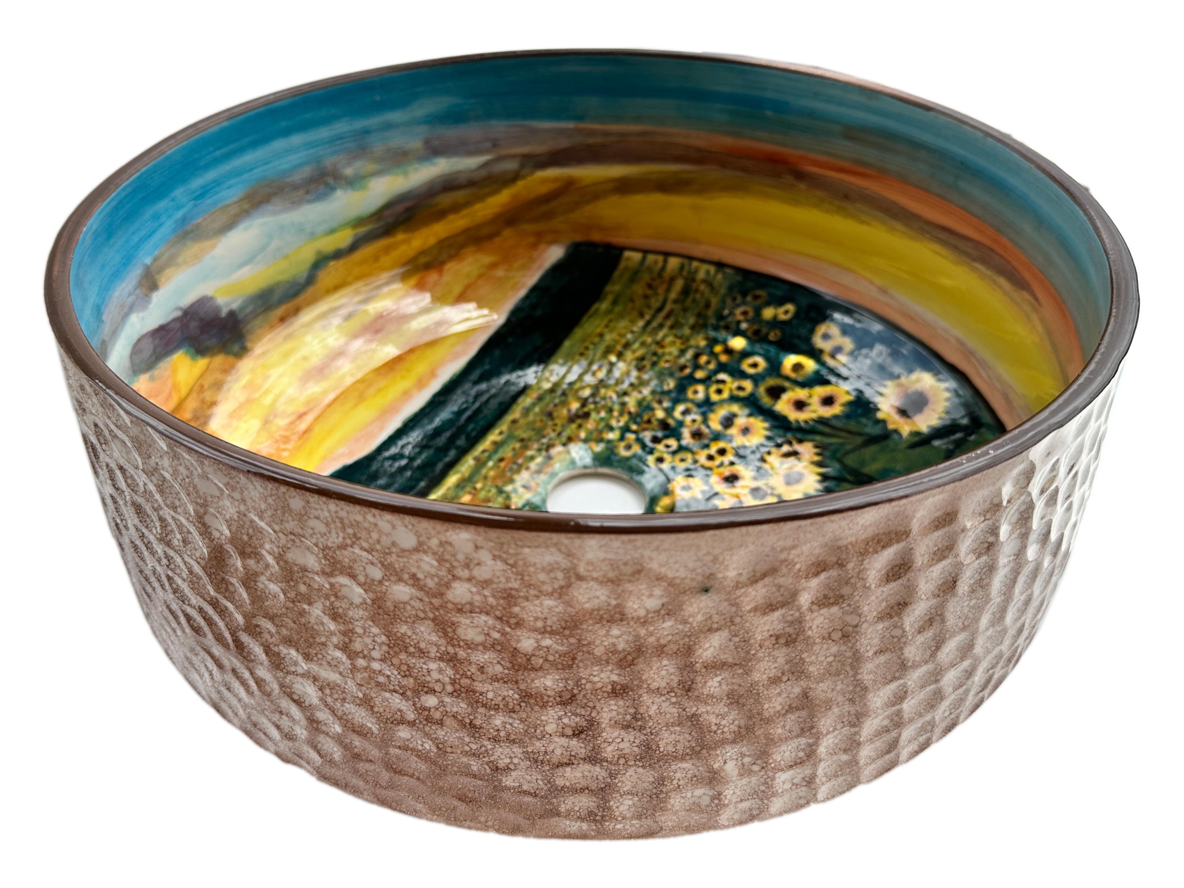 Handcrafted Bathroom Countertop Ceramic Vessel Basin - Sunflowers and Landscape