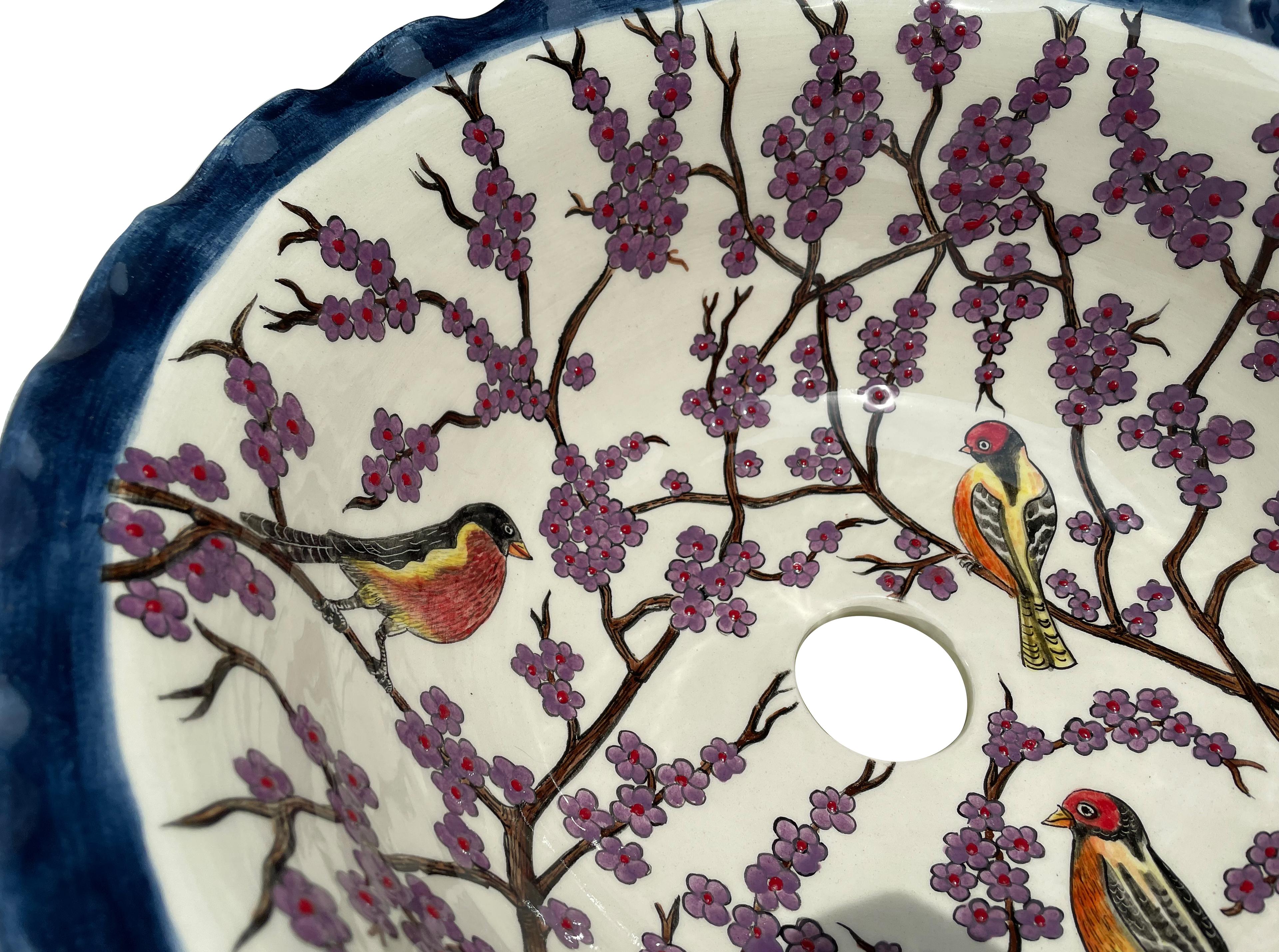 Hand Painted Bathroom Vanity Top Ceramic Vessel Sink - Hummingbird and Sakura