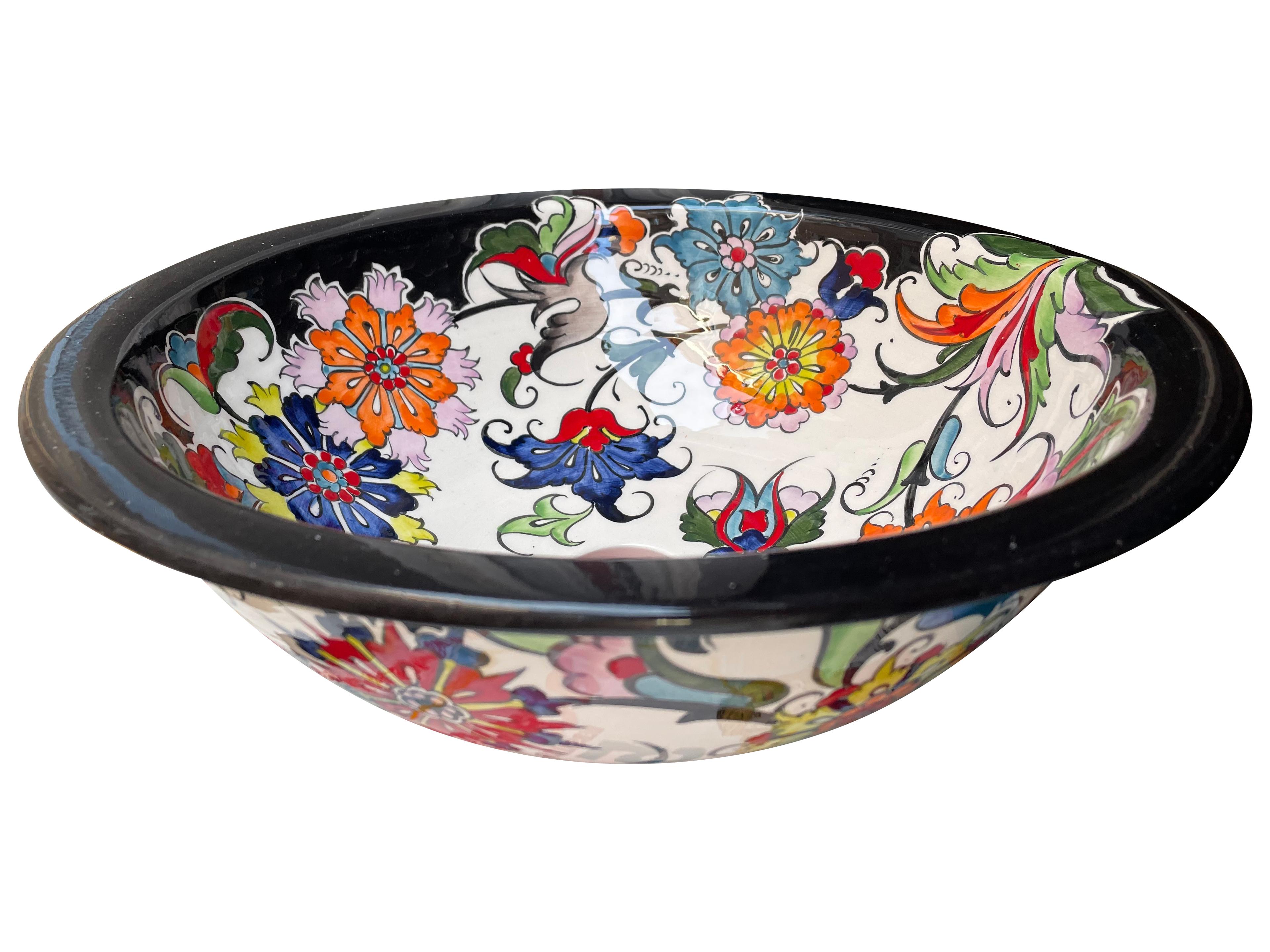 Hand Painted Bathroom Ceramic Vessel Sink Countertop - Multicolor Flowers with Black Rim