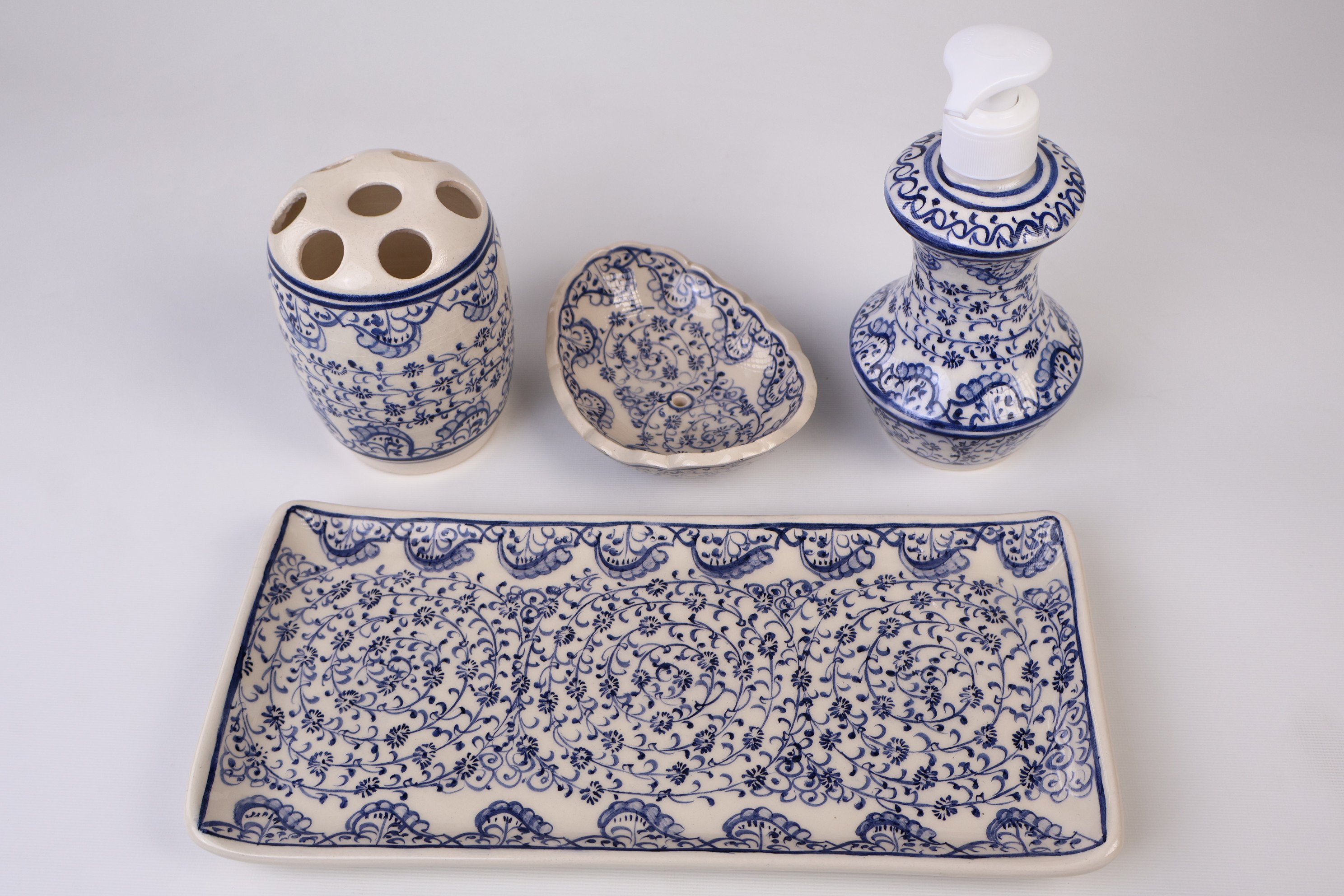 Handmade Ceramic Bathroom Accessory Set & Blue Golden Horn - Zeem Ceramic Craftsmanship