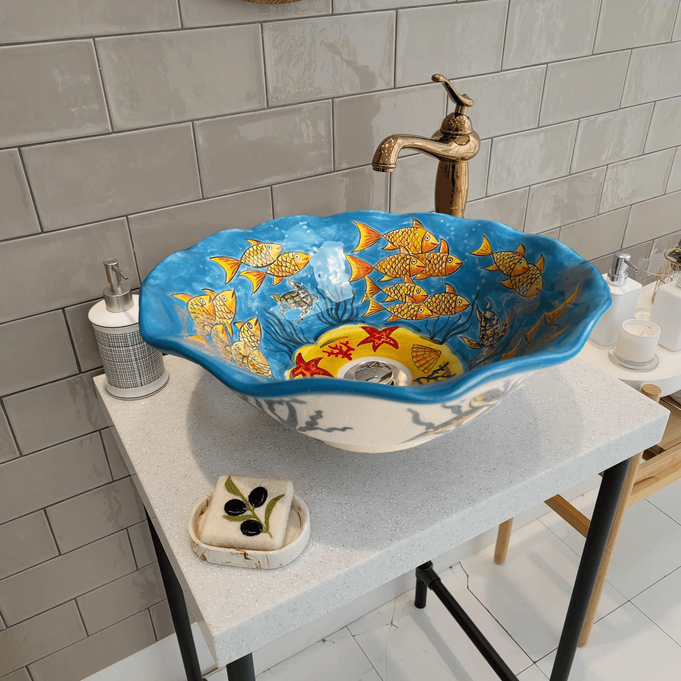 Hand Painted Bathroom Ceramic Vessel Sink Countertop - Sea Creatures