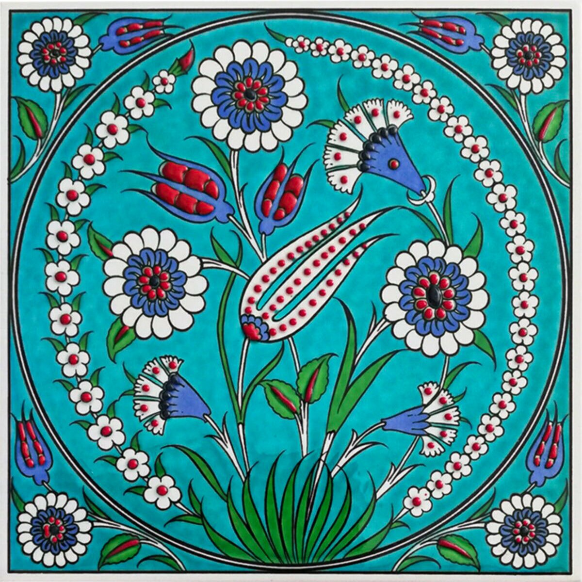 Hand Painted Turkish Ceramic Tile -  Handmade Decorative Floral Patterned Tile - 8 in [20Cm] - Zeem Ceramic