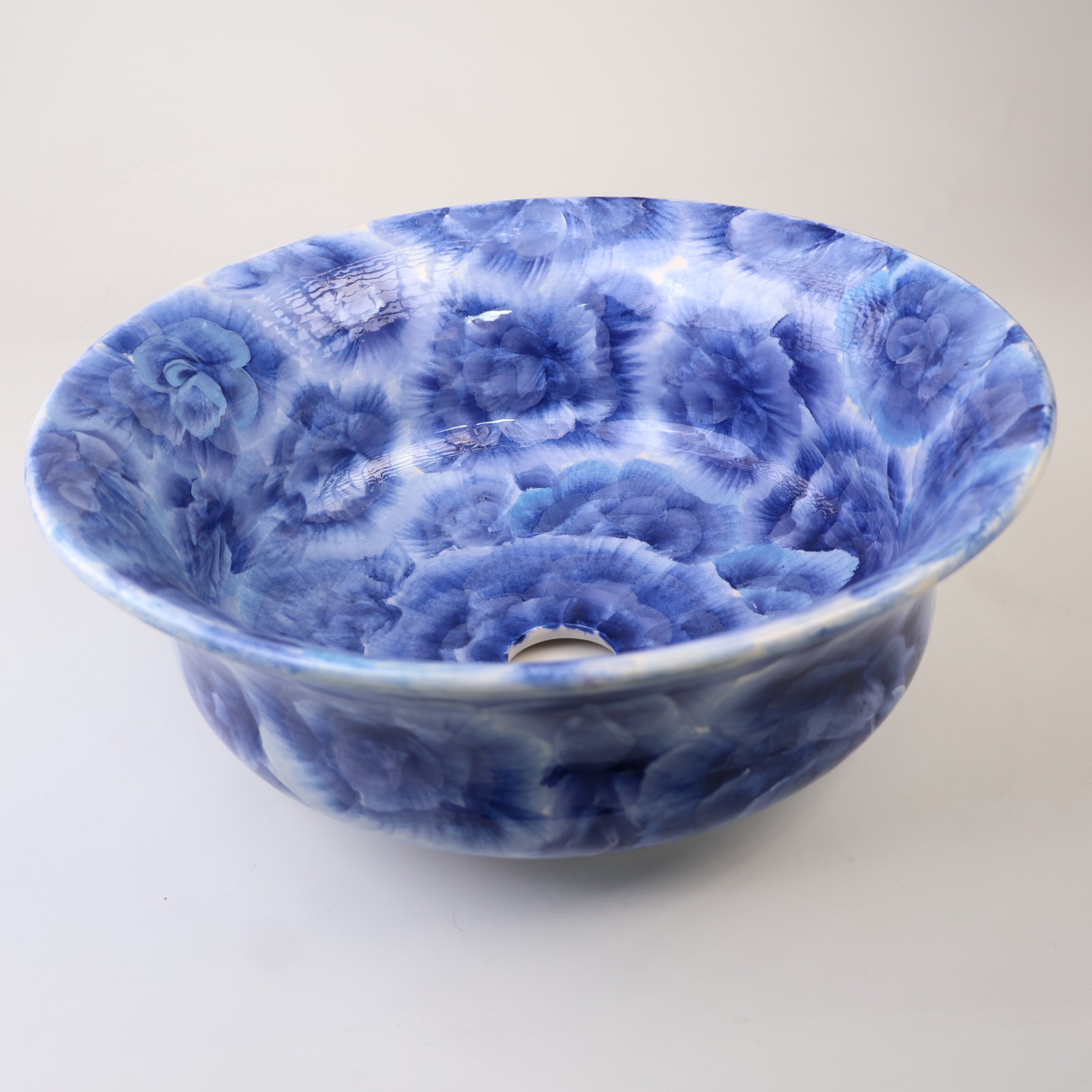 Bathroom Vessel Sink | Watercolor Artisan Floral Washbasin - Blue