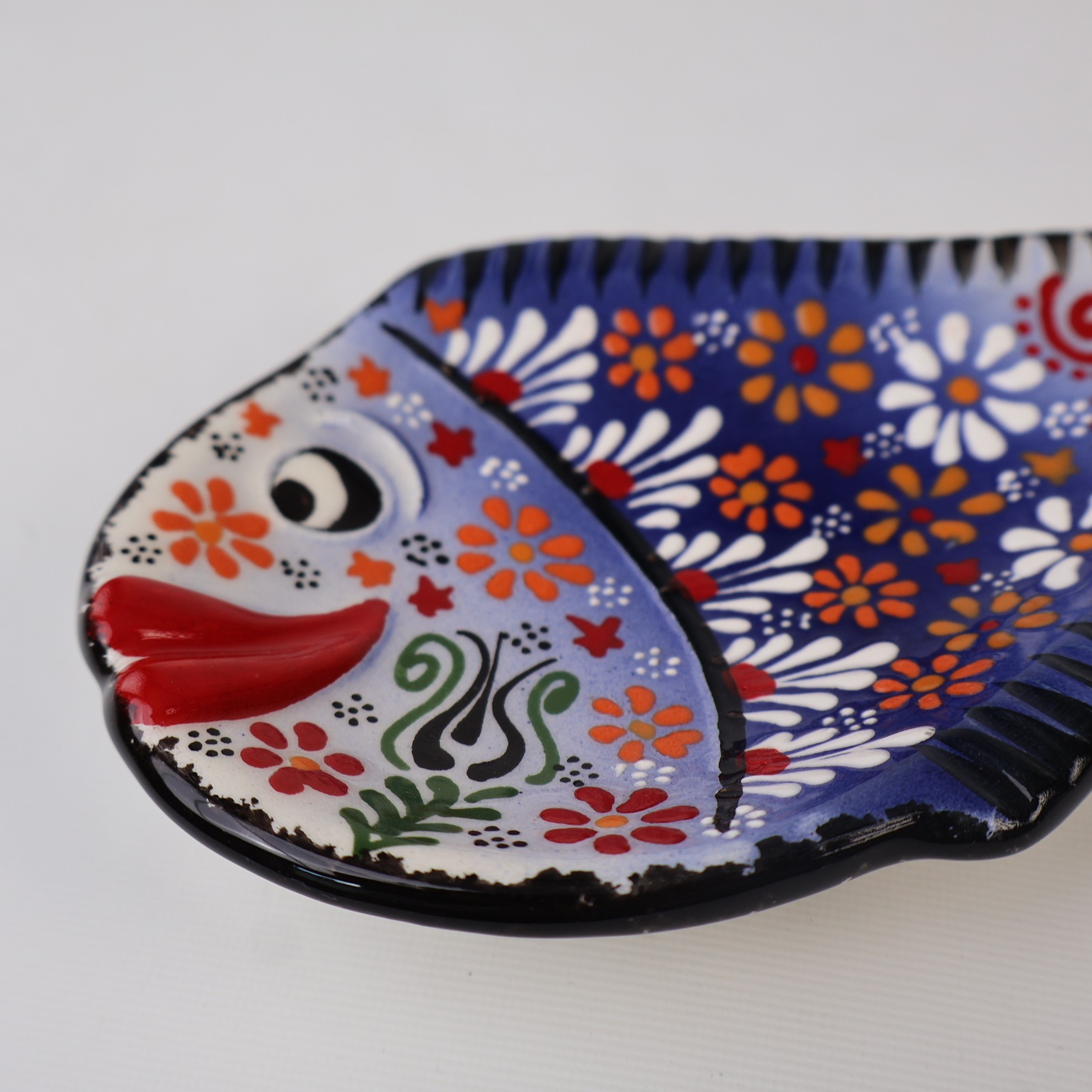 Handcrafted Fish Shaped Ceramic Spoon Rest - Raised Relief Floral Patterns (Variety of Colors) - Navy Blue