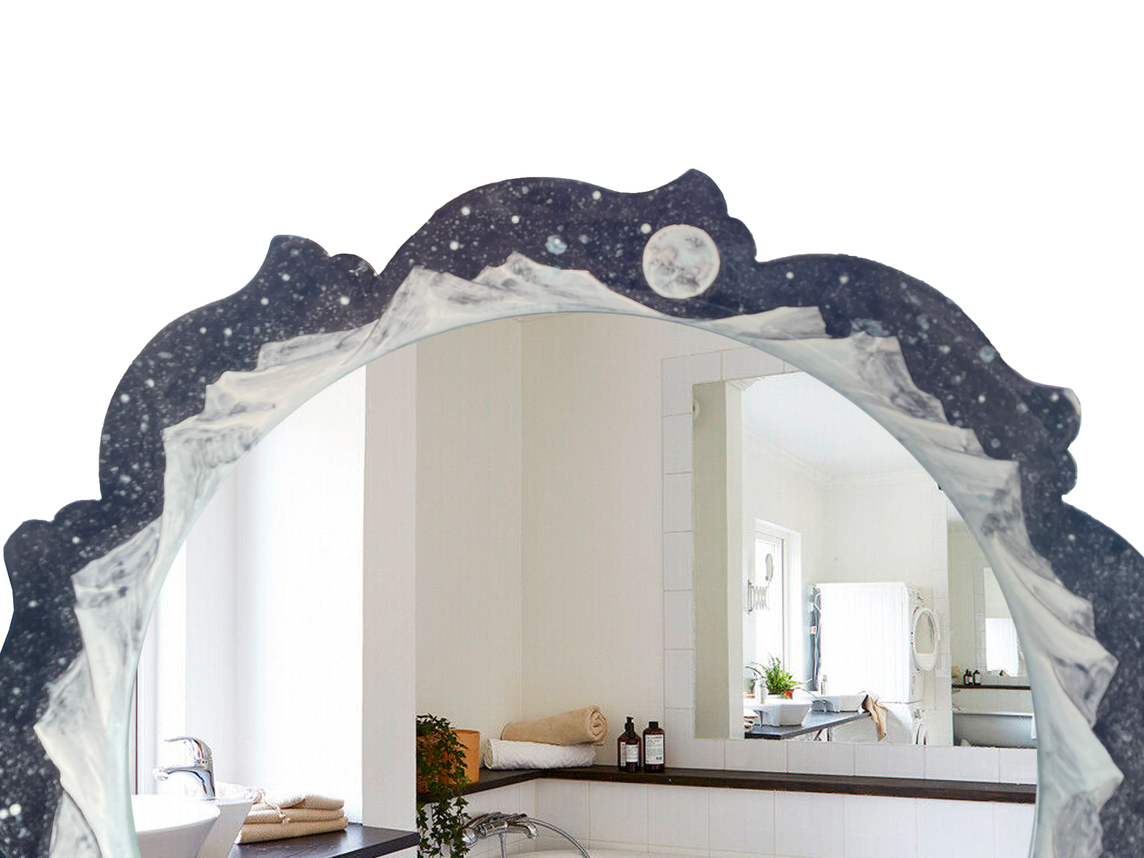 Hand-Painted Bathroom Ceramic Mirror | Night & Mountain