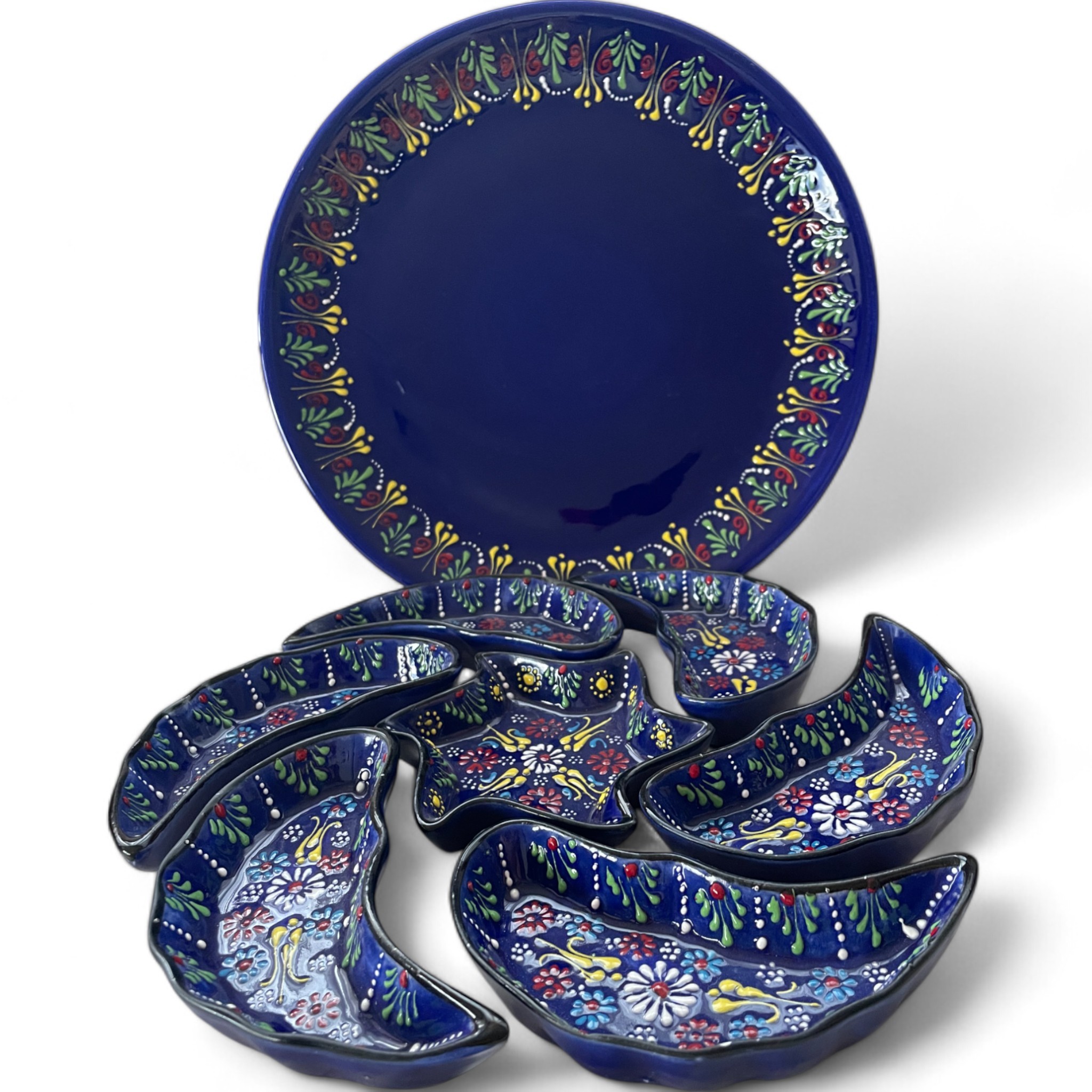 Handcrafted Snack, Nuts Serving Platter and Crudite Dish Set - Raised Relief Pattern - Navy Blue