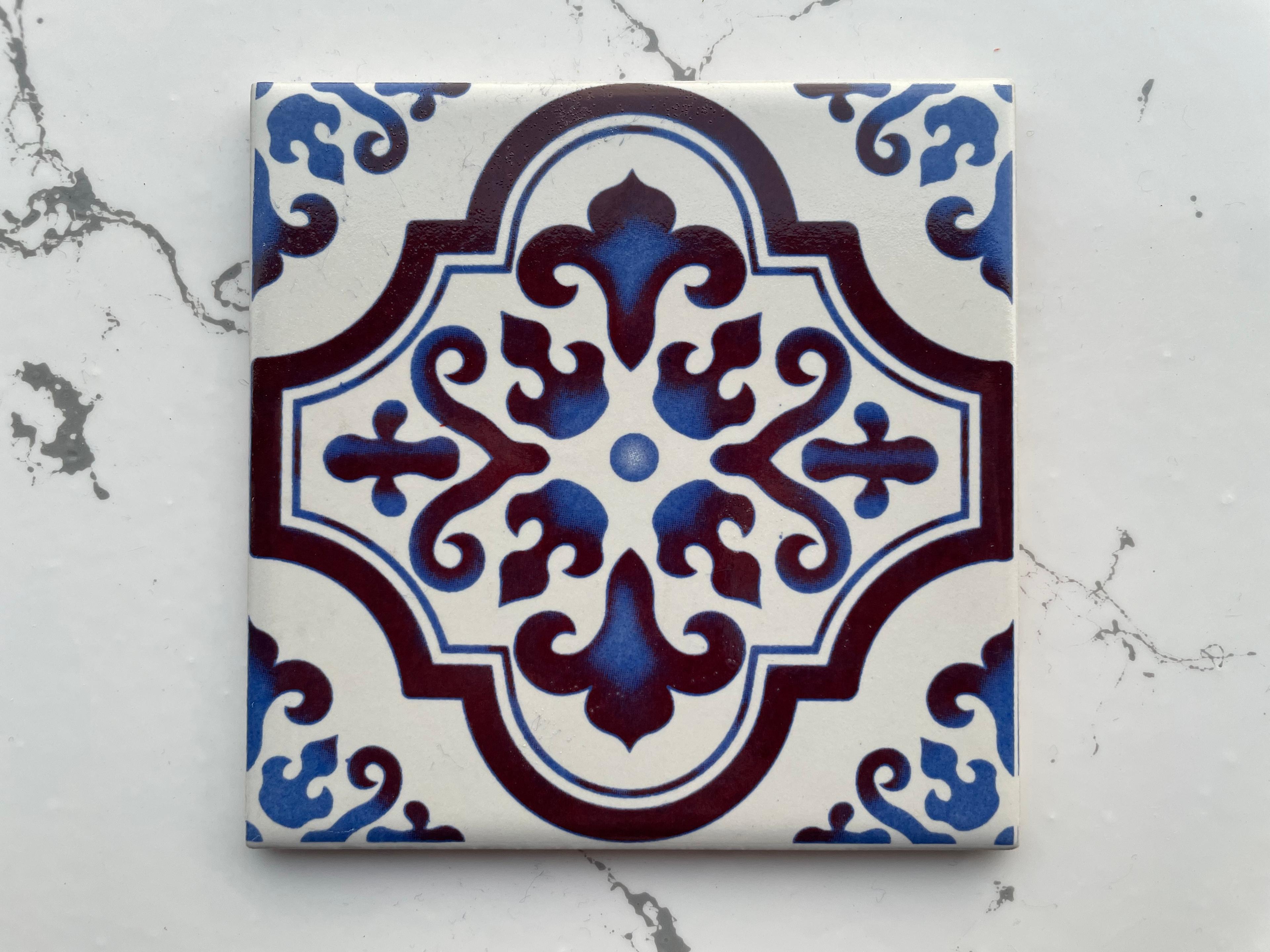 Turkish Backsplash Tile with Iznik Designs - Handcrafted Porcelain Tile for Bathroom Wall - 3.7in [10cm] 