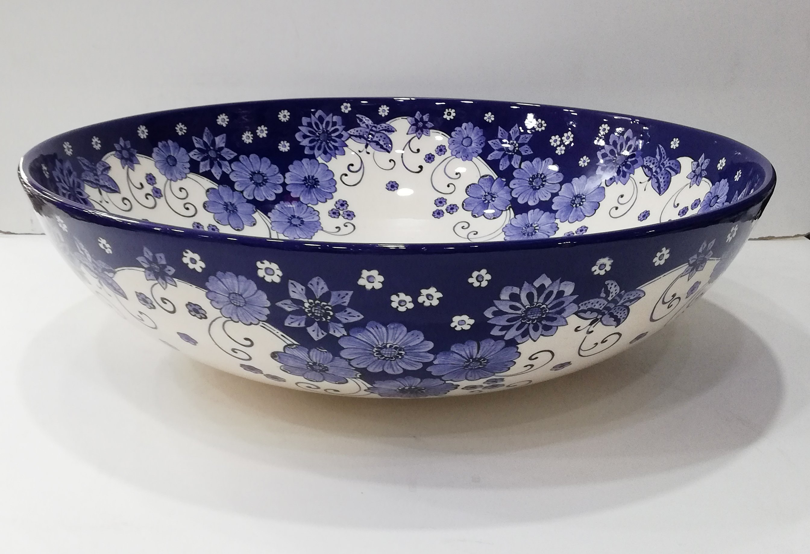 Hand Painted Bathroom Vanity Top Ceramic Vessel Sink - Blue Daisy